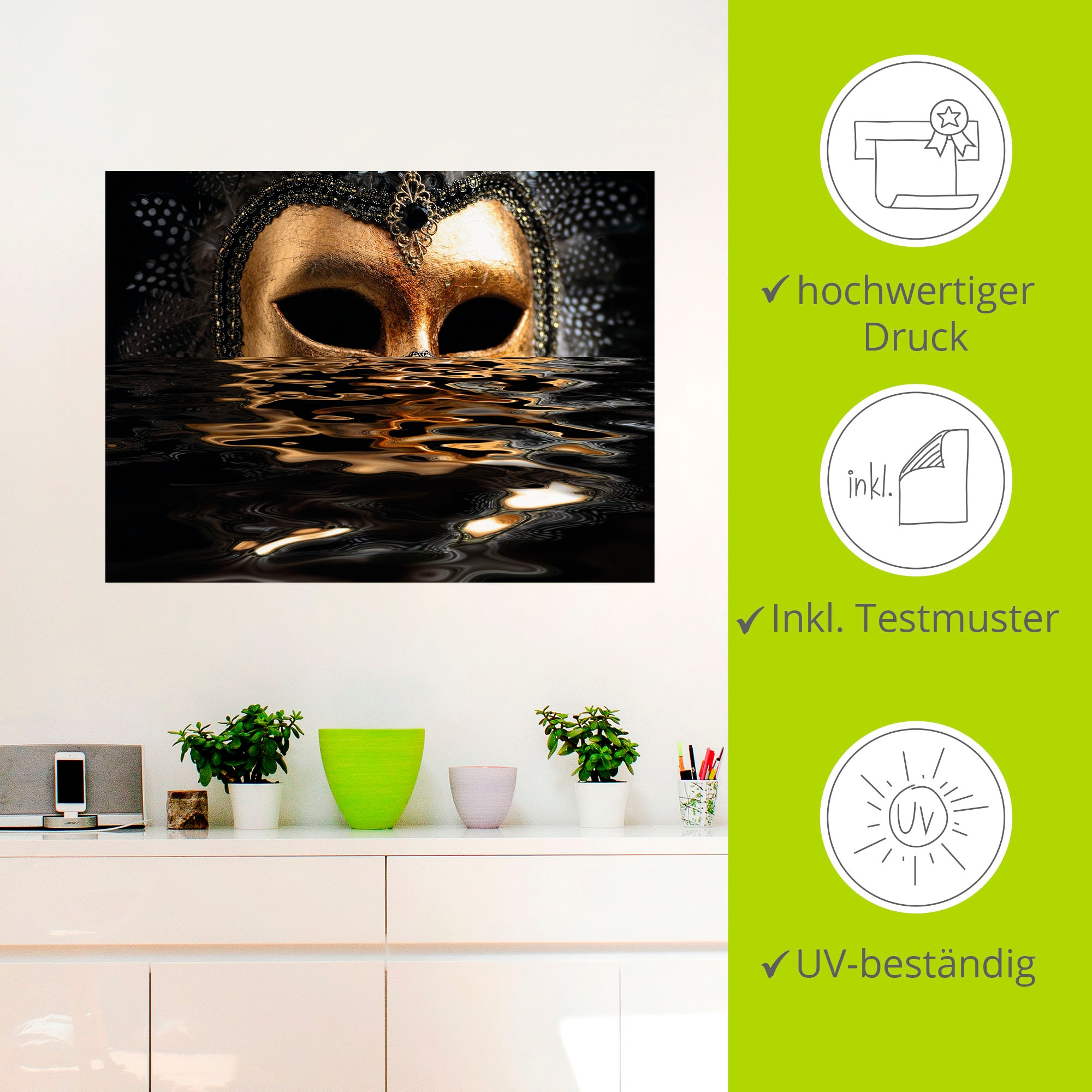 Artland Wandbild »Venezianische Maske mit Blattgold«, Karneval, (1 St.), als Alubild, Outdoorbild, Leinwandbild, Poster, Wandaufkleber