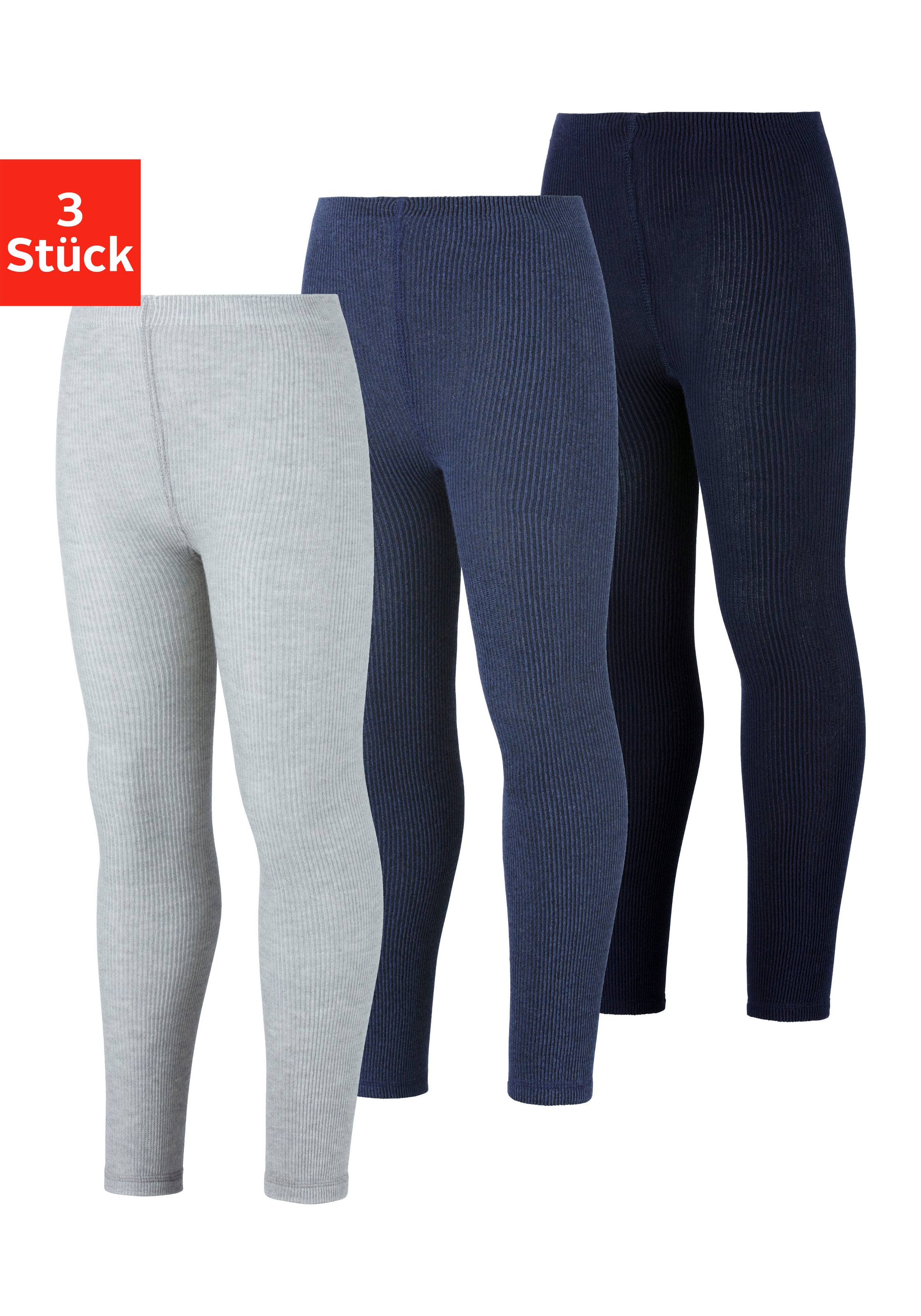 H.I.S Strickstrumpfleggings Packung, 3 Stk. tlg. in feiner Rippqualität 1x marine, 1x jeans, 1x hellgrau meliert 110/116 110/116 Gerippte...