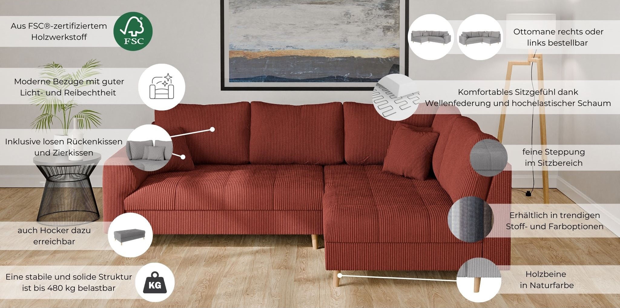 Home affaire Ecksofa »CHARRE L-Form mit Ottomane, Maße B/T/H: 231/161/81 cm« feine Steppung, lose Rücken- und Zierkissen, auch in Cord und Bouclé