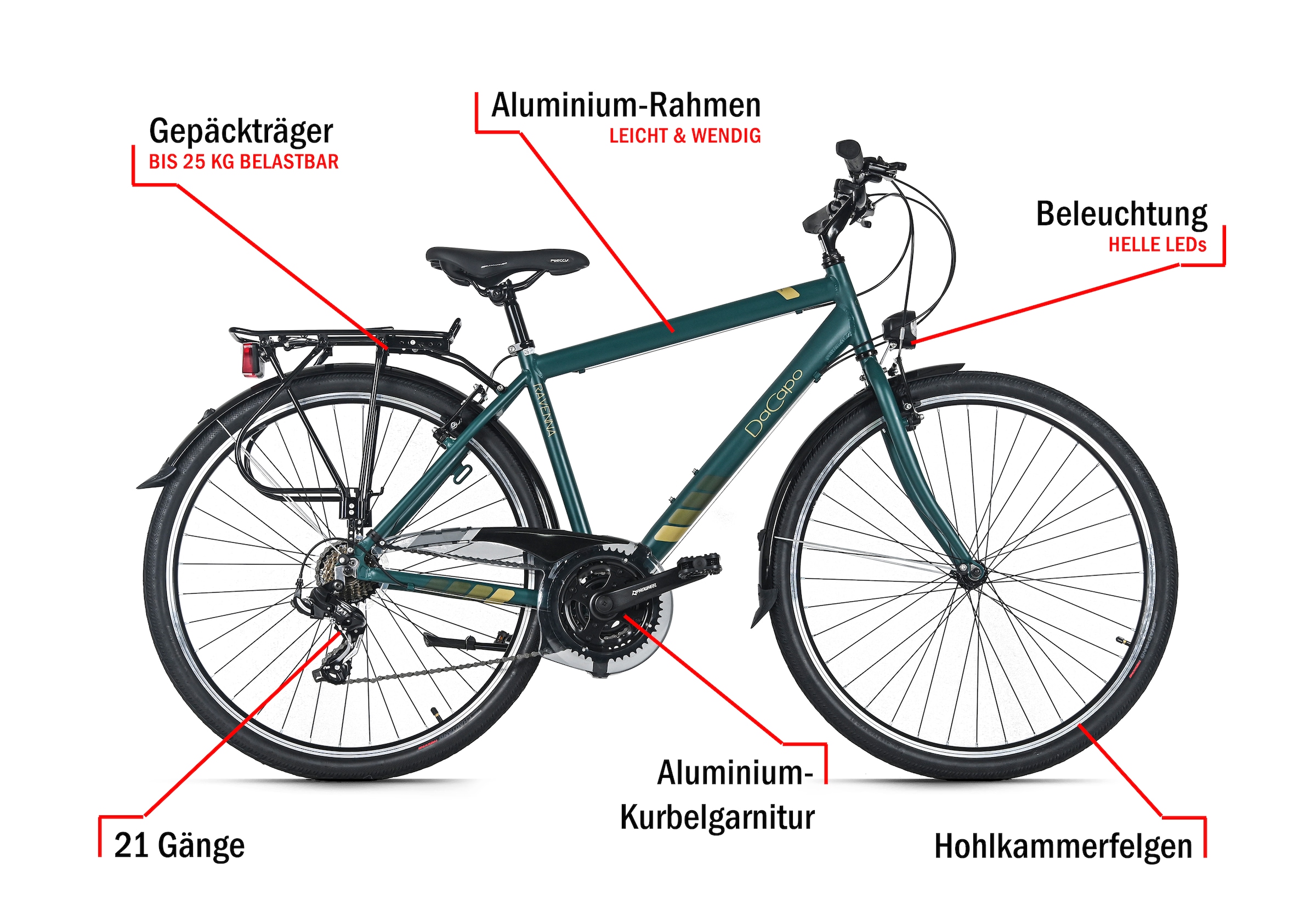 Dacapo Trekkingrad »Herren 28'' Ravenna 50 Grün 21 Gänge RH 48 cm« 21 Gang Shimano Tourney Schaltwerk Kettenschaltung
