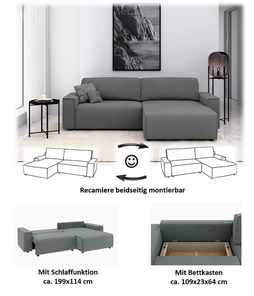 INOSIGN Ecksofa »Chance, Recamiere beidseitig montierbar, Schlaffunktion, Breite 265 cm«, in Struktur fein LINO, mit Schlaffunktion und Bettkasten