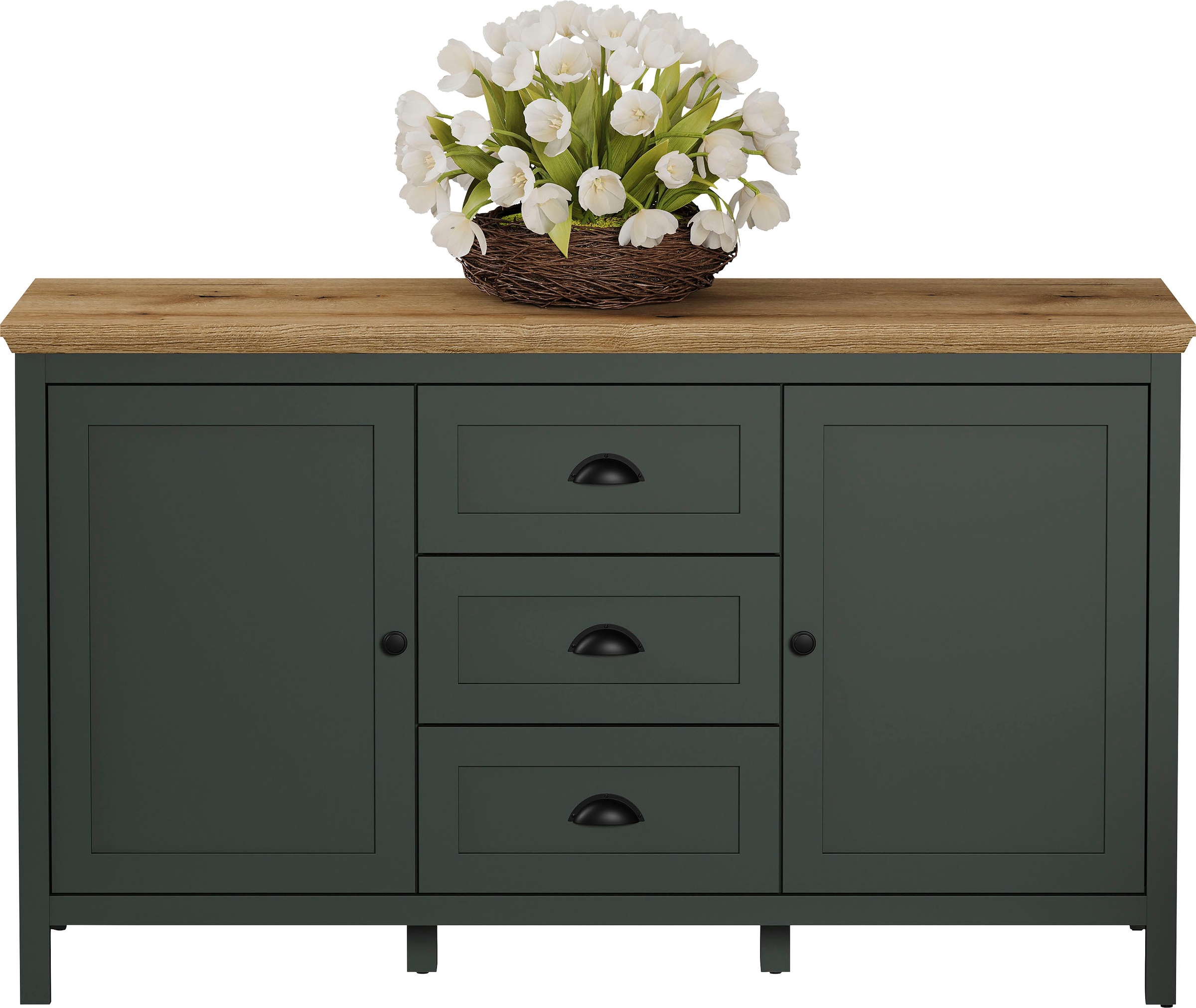 Home affaire Sideboard »Vienna«, Kommode im Landhausstil mit Muschelgriffen - 3 Schubladen und 4 Fächer