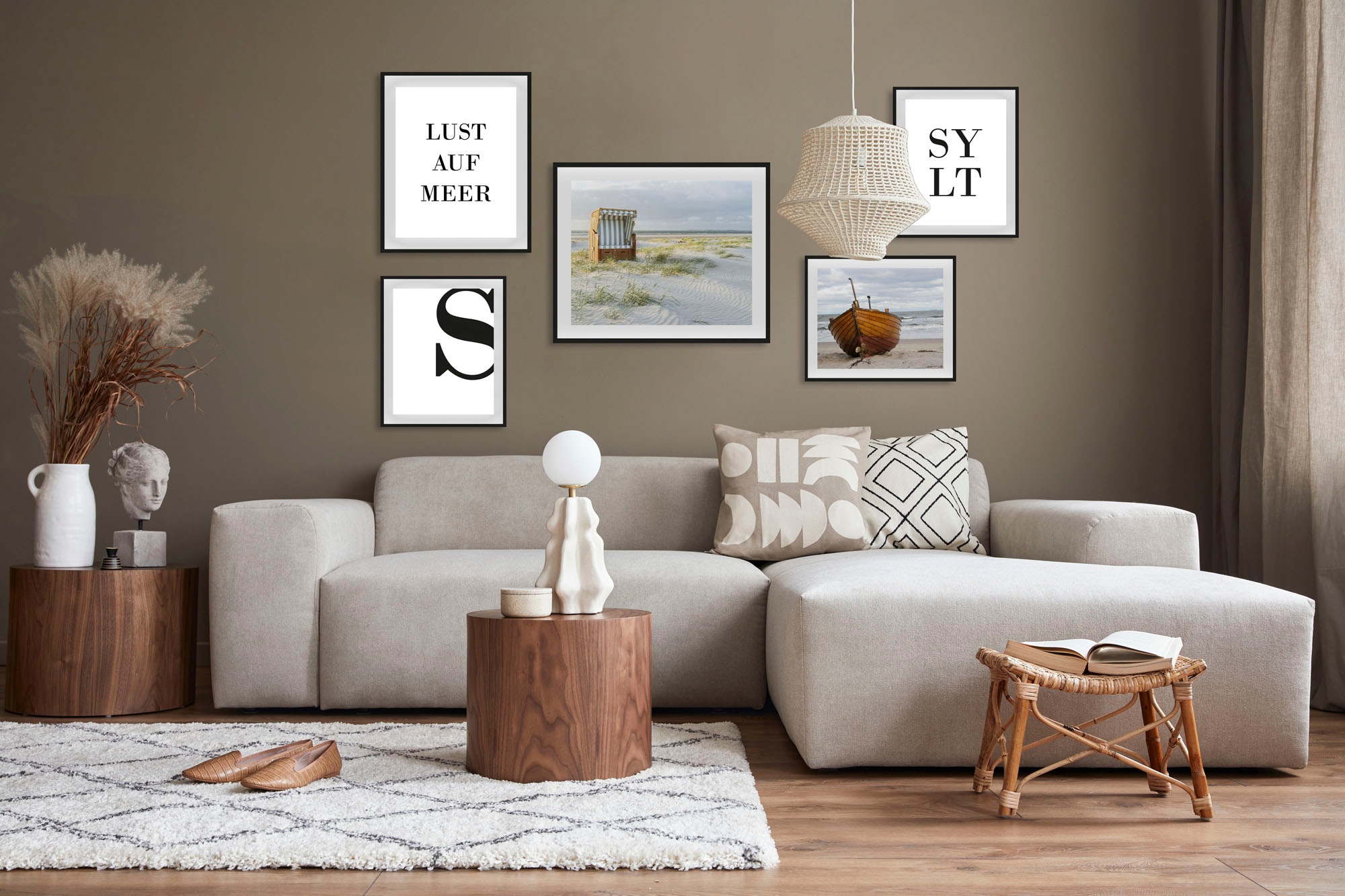 queence Bild »Lust auf Meer und Sylt«, Strand-Deutschland-Schriftzug-Meer-Meer Bilder-Schiffe-Bilder von Booten & Schiffen, (5 St.), HD Premium Poster-Druck inkl. Holzrahmen - 5er Set