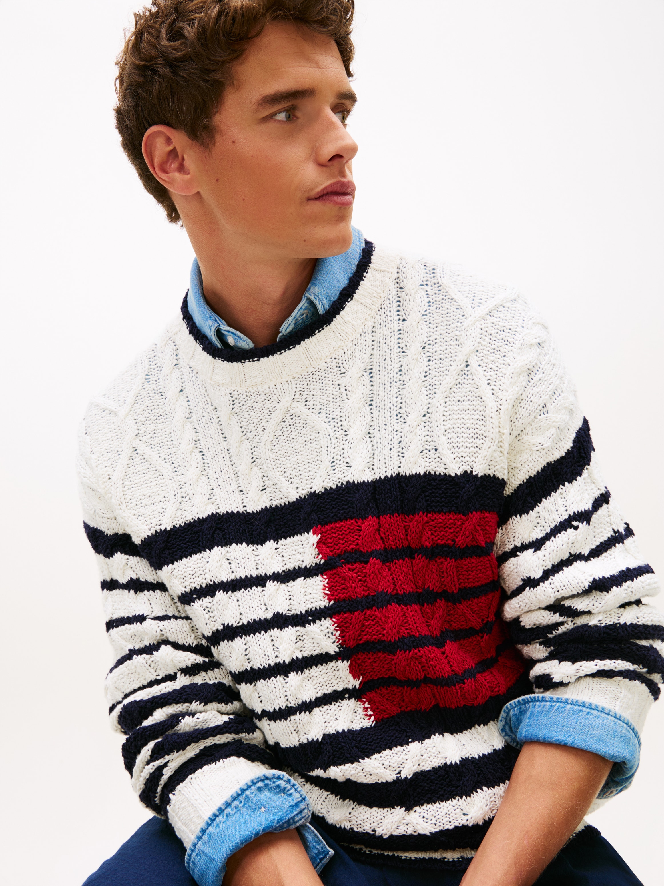 Tommy Hilfiger Strickpullover »BRETON FLAG CABLE« Regular fit mit Rundhalsausschnitt