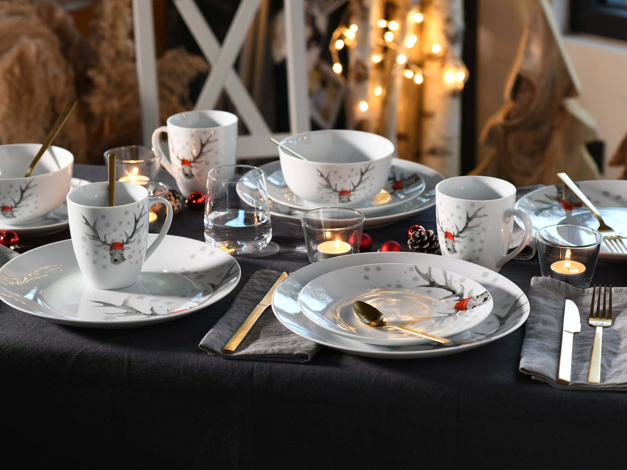 CreaTable Frühstücks-Geschirrset »Hirsch, Frühstücksset 18-tlg«, (Set, 18 tlg.), Winterdekor, Hirschmotiv