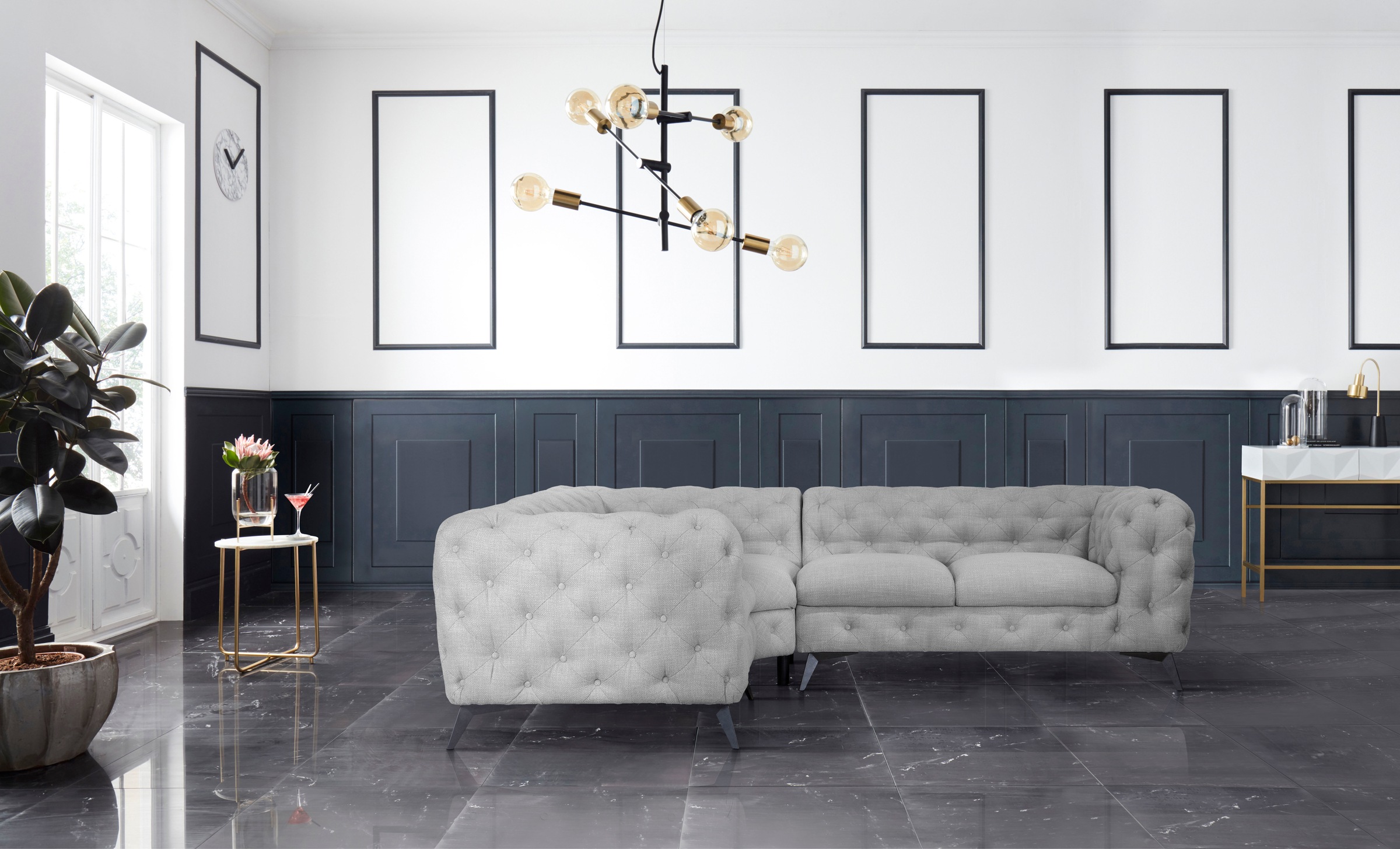 Leonique Chesterfield-Sofa »Ecksofa GLYNIS L-Form mit Wellenunterfederung, Maße B/T/H 264/204/75cm«, aufwändige Knopfheftung, moderne Chesterfield Optik, Fußfarbe wählbar