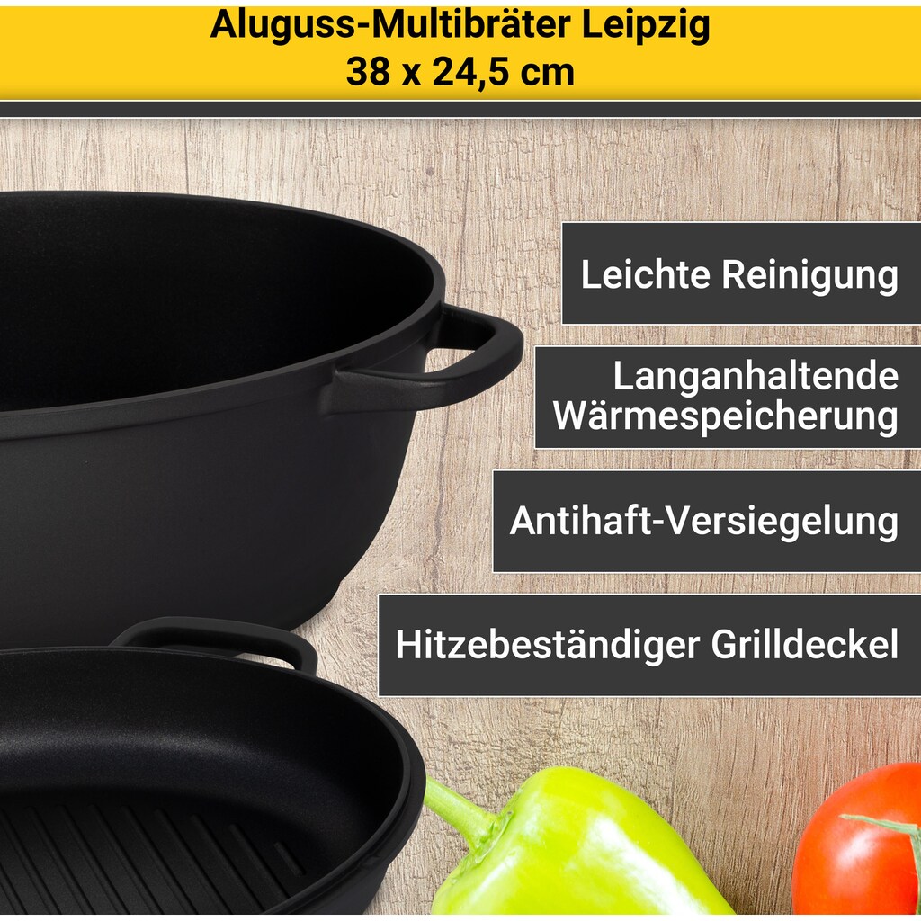 Krüger Bräter »Aluguss Multibräter mit Grilldeckel LEIPZIG, 38 x 24,5 x 13 cm«, Aluminiumguss, (1 tlg.), hochwertige Antihaft-Versiegelung