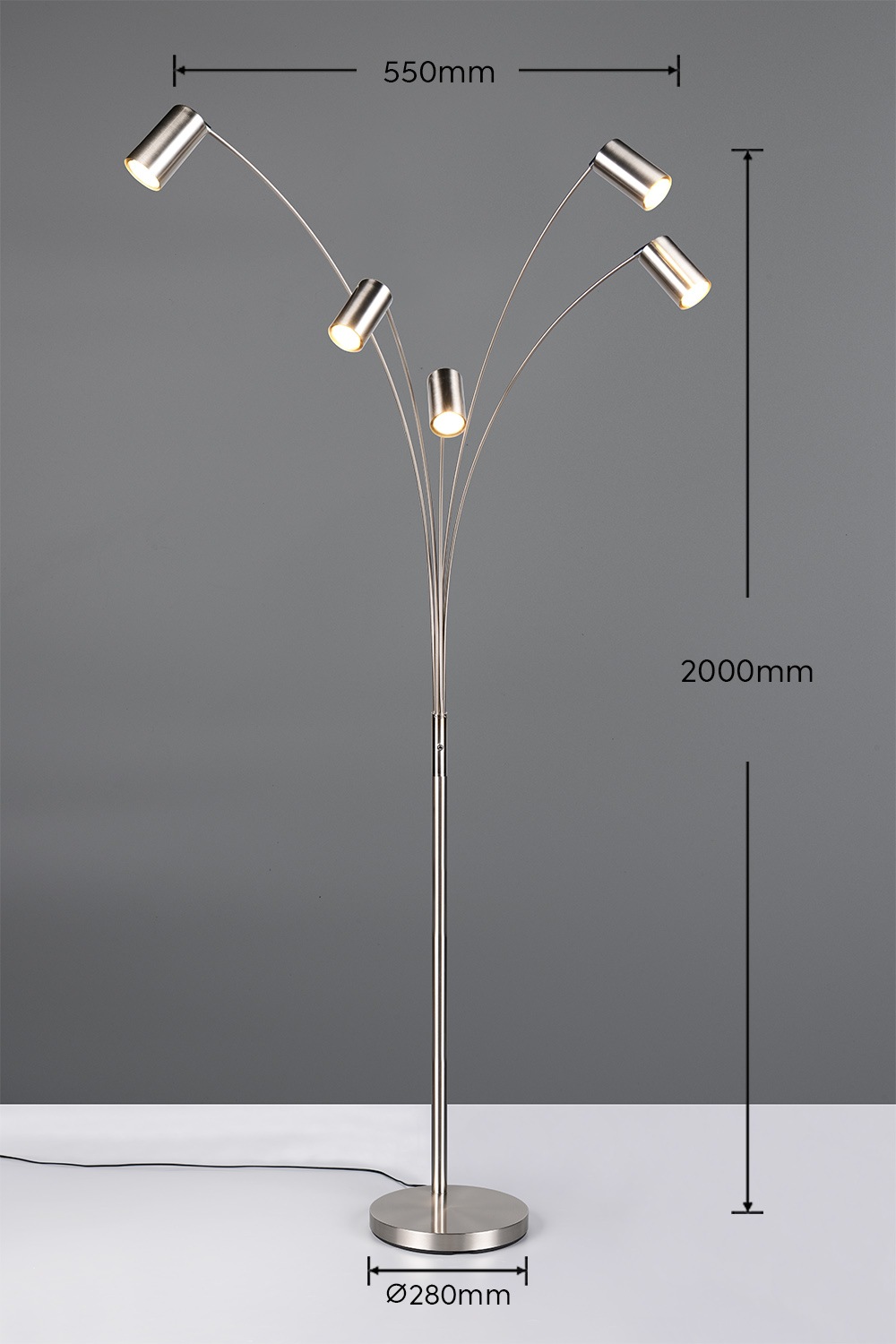 TRIO Leuchten Stehlampe »MARLEY, 5-flammige Bogenleuchte, exkl 5x GU10 max 10W, Kippschalter«, 5 flammig, Leuchtmittel GU10 | Leuchtmittel wechselbar, Höhe 200 cm, Leuchtenarme flexibel verstellbar Leseleuchte Stehleuchte