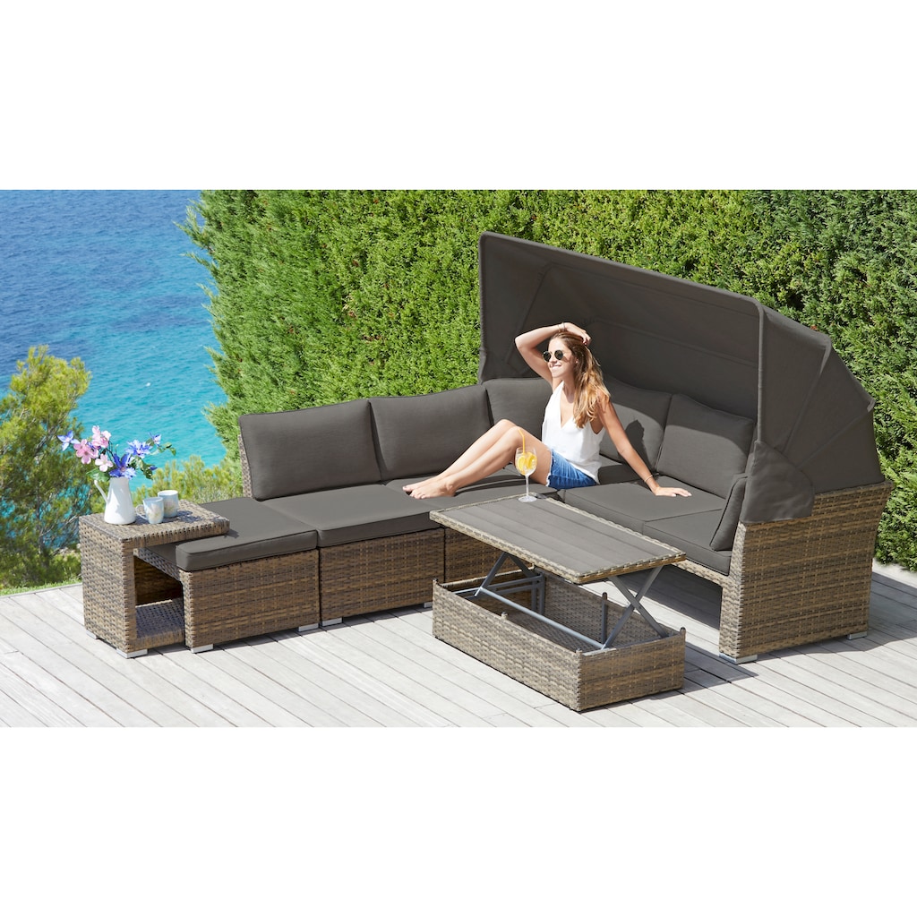 KONIFERA Gartenlounge-Set »Hawaii Premium«, (Set, 19 tlg., 1x3erSofa, 2xSessel, 1xHocker, 1xBeistelltisch, 1xTisch 111x54x59cm), mit aufklappbarem Dach und zur Sonneninsel umbaubar, Aluminium