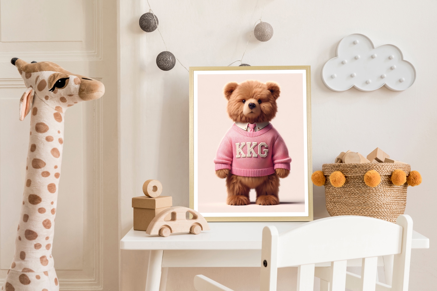 queence Bild mit Rahmen »Vintage Teddy Bär Mädchen mit Krawatte in rosa« Bär | Bären | Fashion | Figuren | Mode | Modebilder HD Premium Poster-Druck inkl. Echtholzrahmen in beige