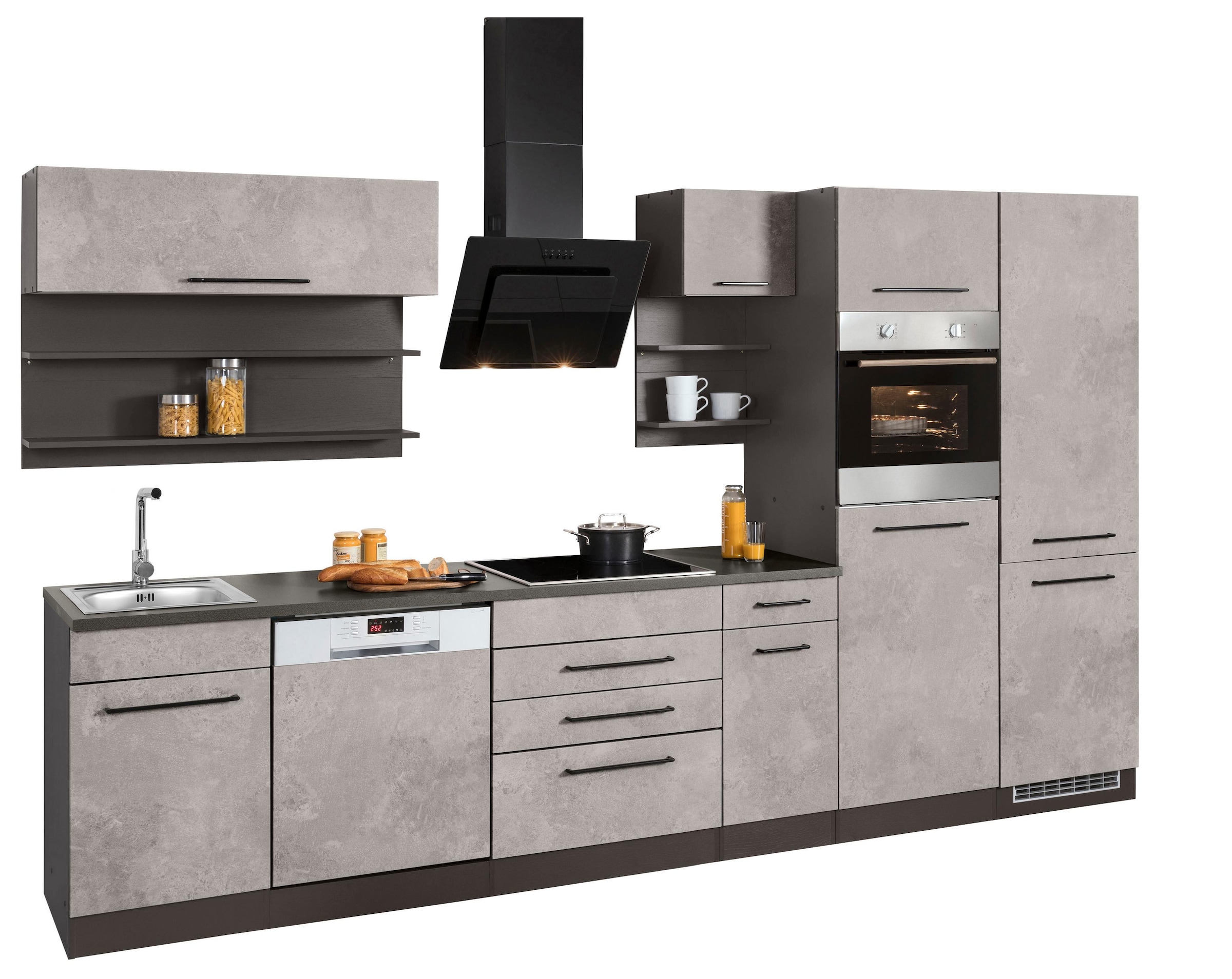 KOCHSTATION Küchenzeile »KS-Tulsa«, ohne E-Geräte, Breite 330 cm, schwarze Metallgriffe, MDF Fronten