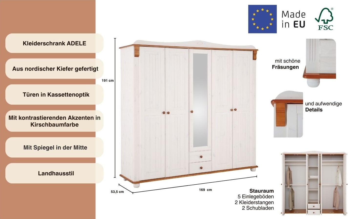 Home affaire Kleiderschrank »Adele«, (4 Breiten: 92/130/169/207 H/T ca. 191/54 cm), aus massiver Kiefer,Spiegel beim 4-und 5-trg.Schrank, Innenausstattung