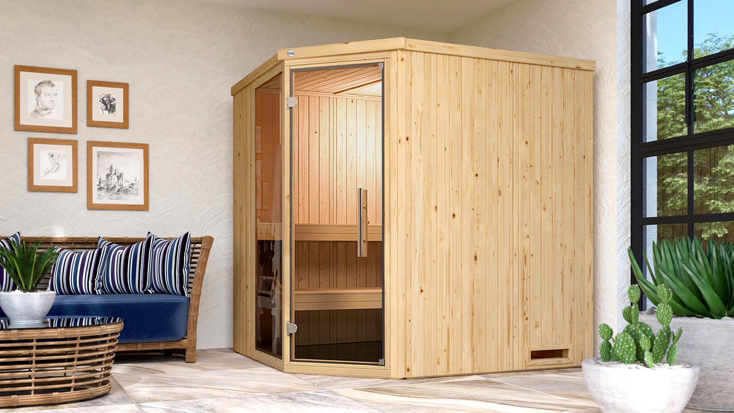 weka Sauna »Element-Ecksauna VARBERG 2« vorgefertigte Elemente, Fensterelement, moderne Ganzglastür