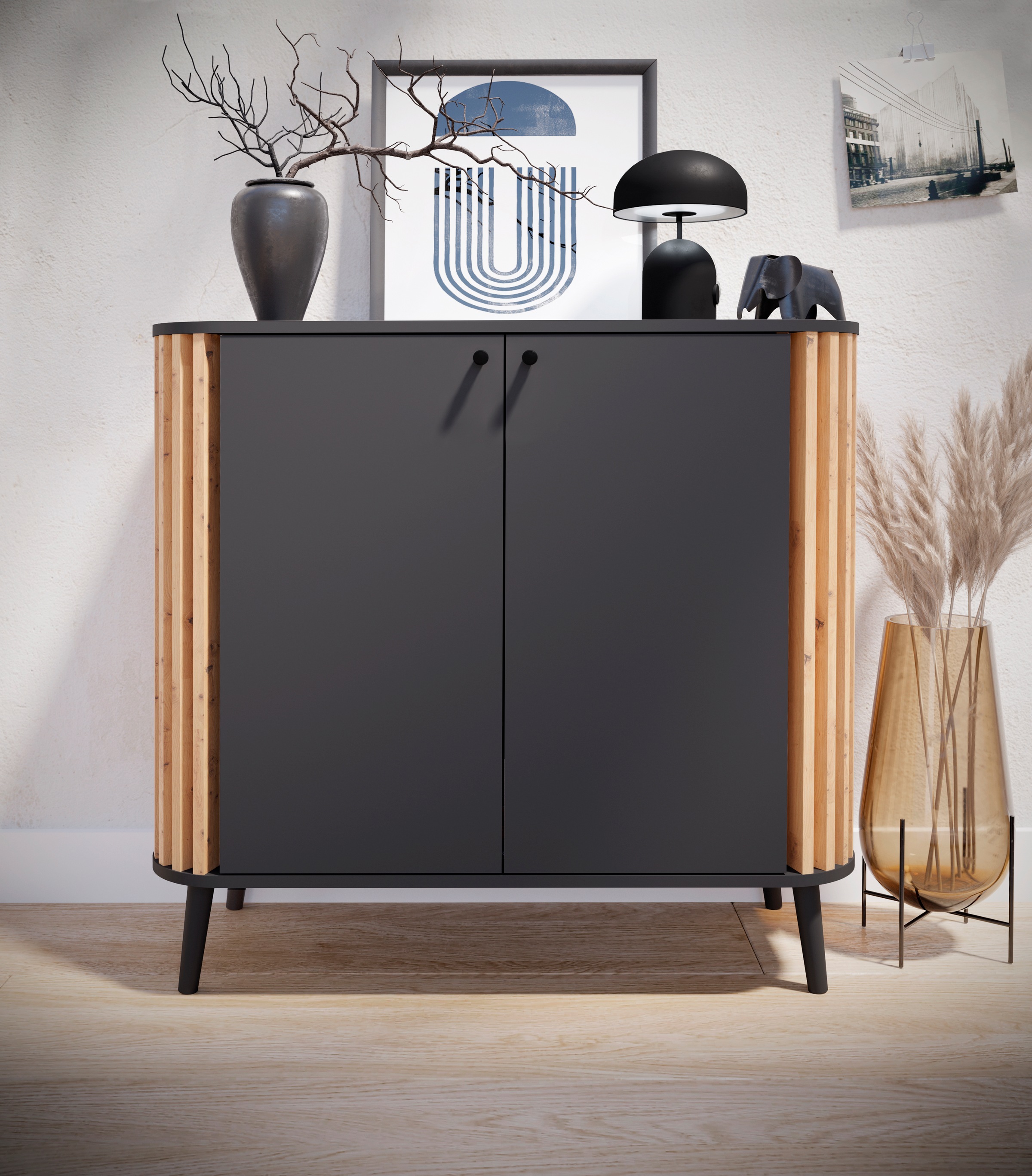 INOSIGN Kommode »Stavanger, Breite 92 cm, Paneel-Stäbchen-Optik, 2 Türen, 2 Fächer«, (1 St.), 1 Einlegeboden, Anrichte, Schrank, Sideboard, Wohnmöbel