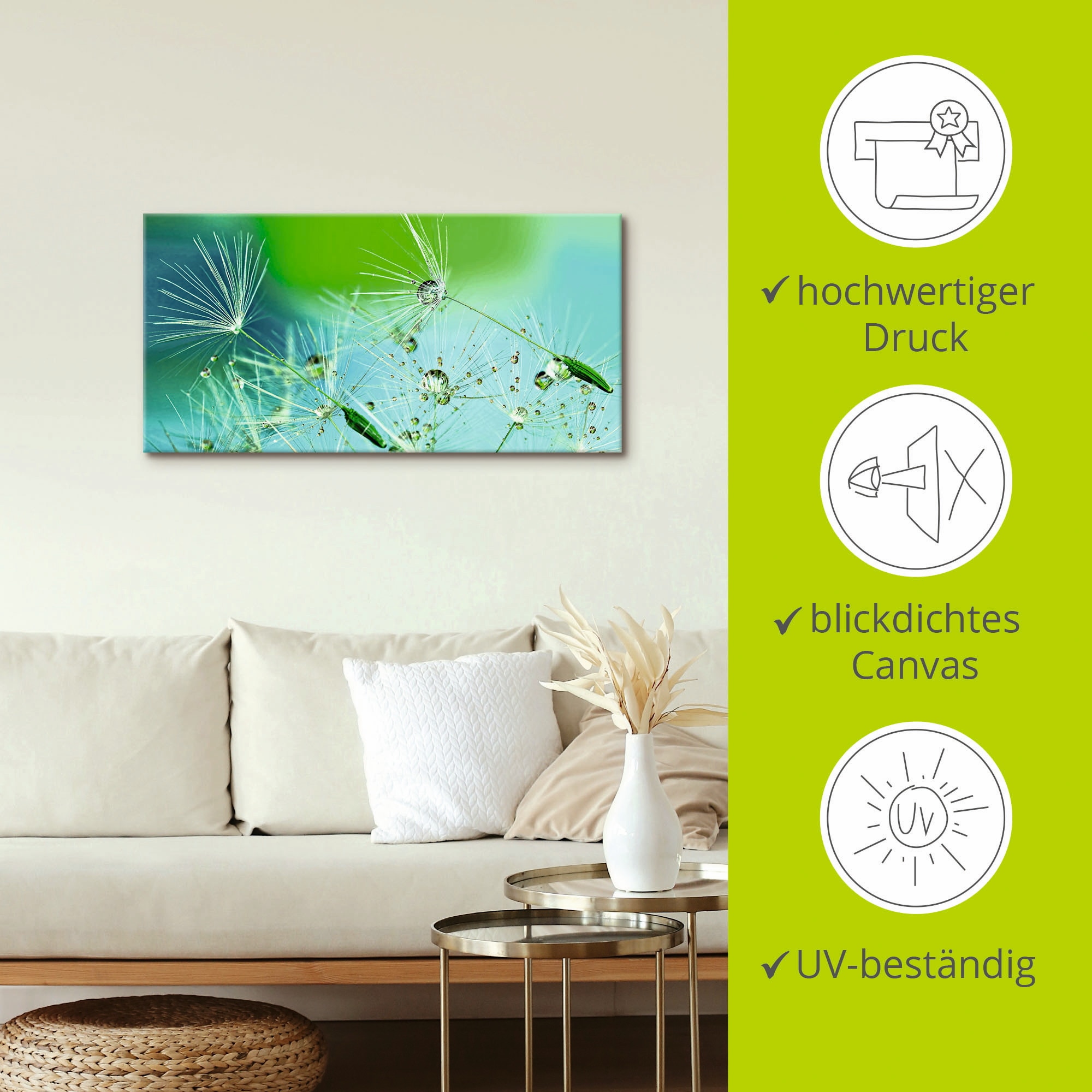Artland Wandbild »Glitzernde Pustblumen mit Wassertropfen«, Blumen, (1 St.), als Alubild, Outdoorbild, Leinwandbild in verschied. Größen