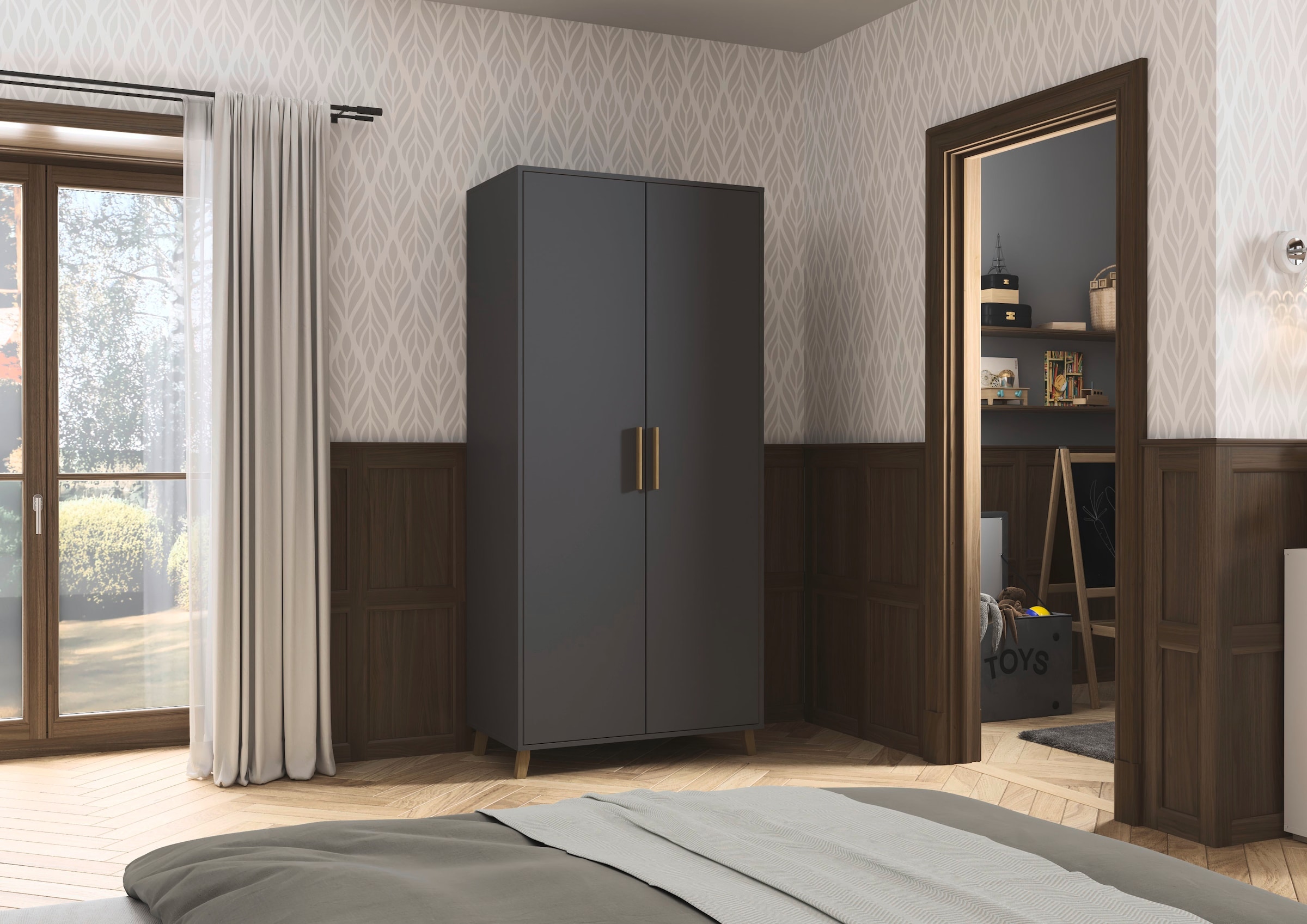 rauch Drehtürenschrank »Kleiderschrank Schrank Garderobe SHINJO Breiten 93/140/187 cm« in 3 verschiedenen Ausstattungen BASIC/CLASSIC/PREMIUM,  Griffe und Füße aus Massivholz, viel Stauraum MADE IN GERMANY