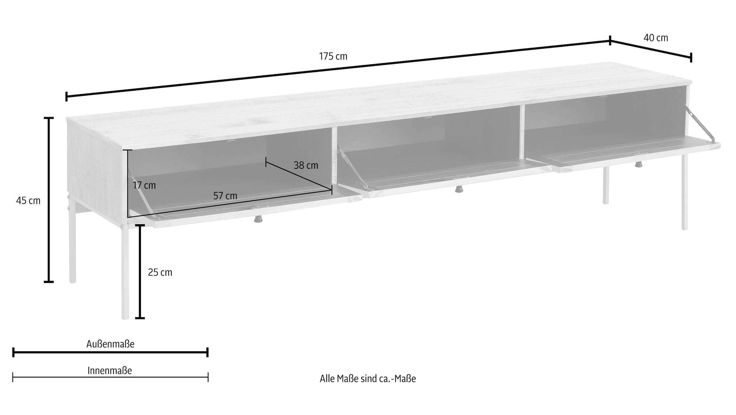 Home affaire Lowboard »Freya«, Kommode mit 3 Klappen, Metallgriffen, aus Massivholz, Breite 175 cm