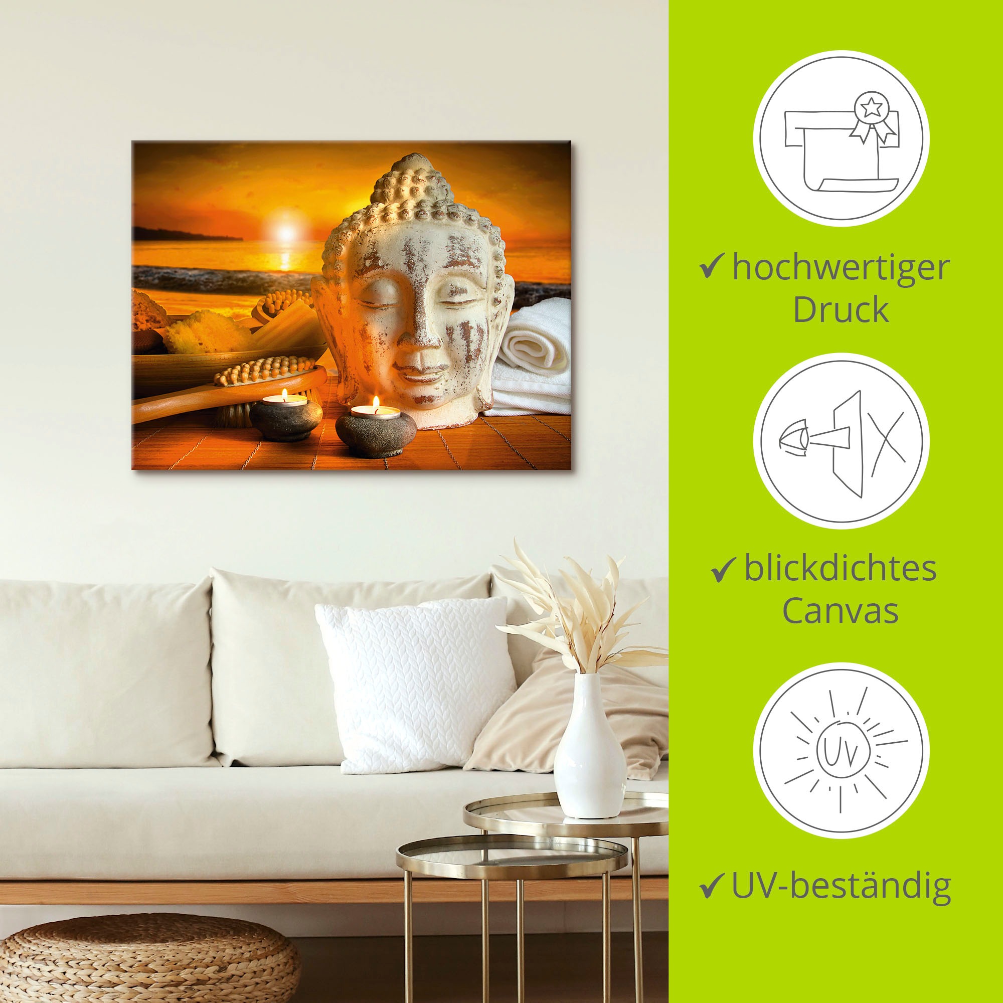 Artland Wandbild »Bad-Zubehör mit Buddha-Statue«, Religion, (1 St.), als Alubild, Outdoorbild, Leinwandbild, Wandaufkleber, versch. Größen