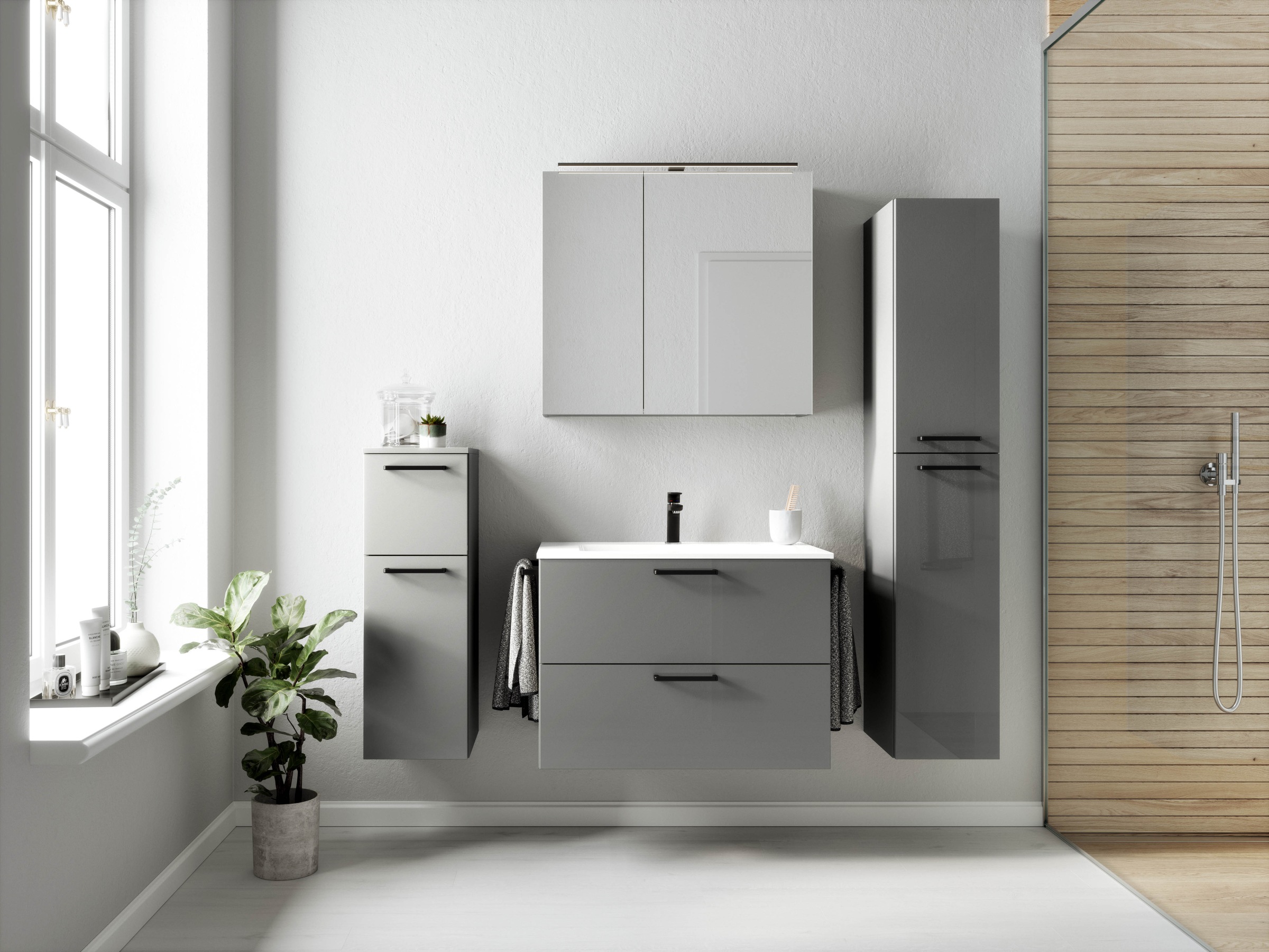 nobilia® Badmöbel-Set »Tolvina«, (4 St., vormontiert, mit Soft-Close), inkl. Spiegelschrank mit Beleuchtung und Dimmerfunktion, in 4 Breiten