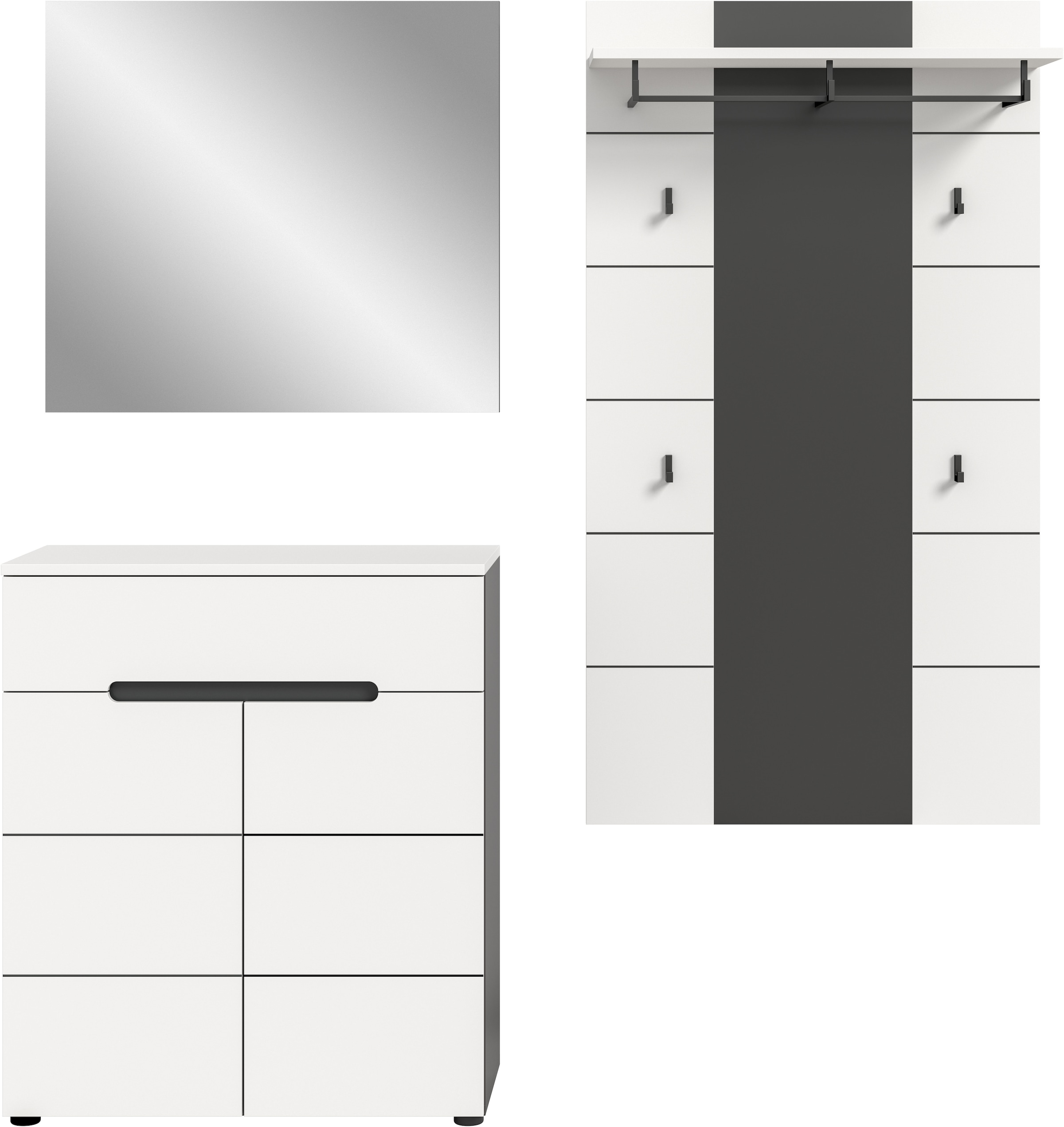 INOSIGN Garderoben-Set, (Set, 3 St., bestehend aus: Kommode, Spiegel und Garderobenpaneel), Garderobenkombination, Kombination, Set, Flurgarderobe, Diele