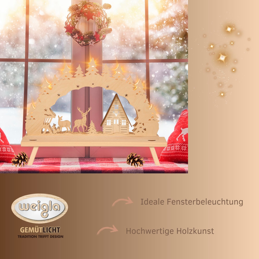 Weigla Schwibbogen »Waldhaus, Lichterbogen aus Holz, NATUR-BRAUN, Made in Germany«, Erzgebirge garantiert, Weihnachtsdeko Innen, Weihnachtsbeleuchtung