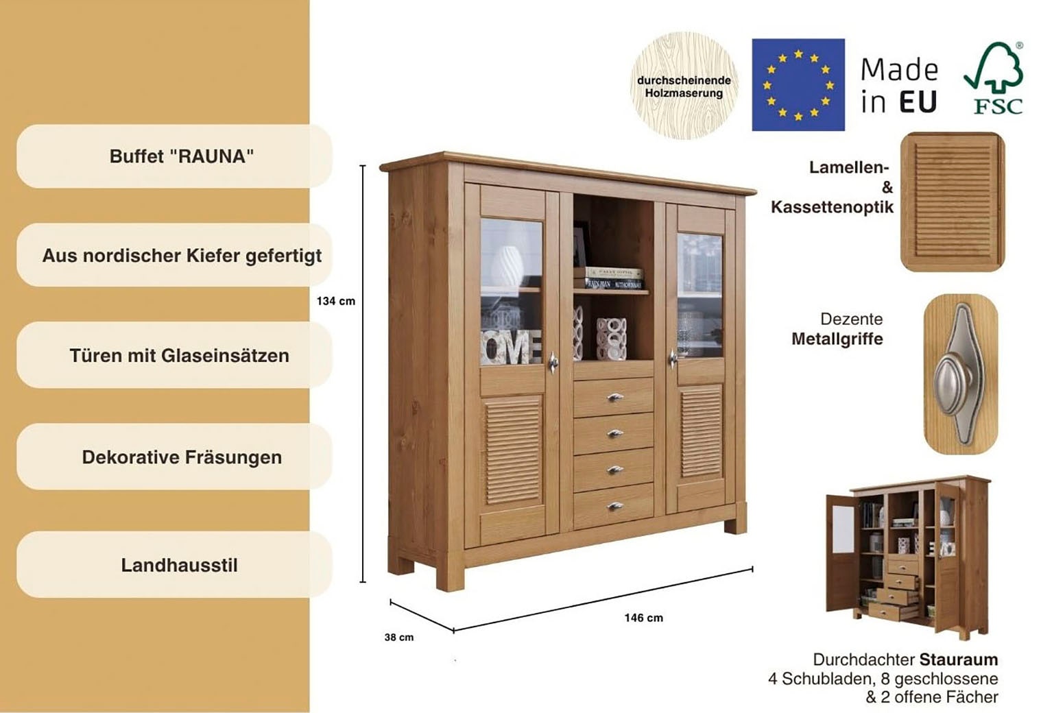 Home affaire Buffet »Rauna«, Highboard, massive Kiefer, Türen mit Glaseinsätzen, B/H 146/134 cm
