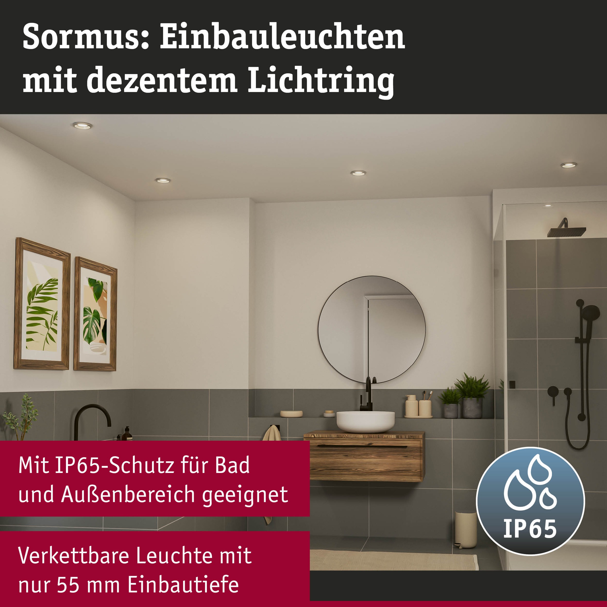 Paulmann LED Einbauleuchte »LED Einbauleuchte Sormus IP65 rund 100mm«, 3 flammig, Memoryfunktion