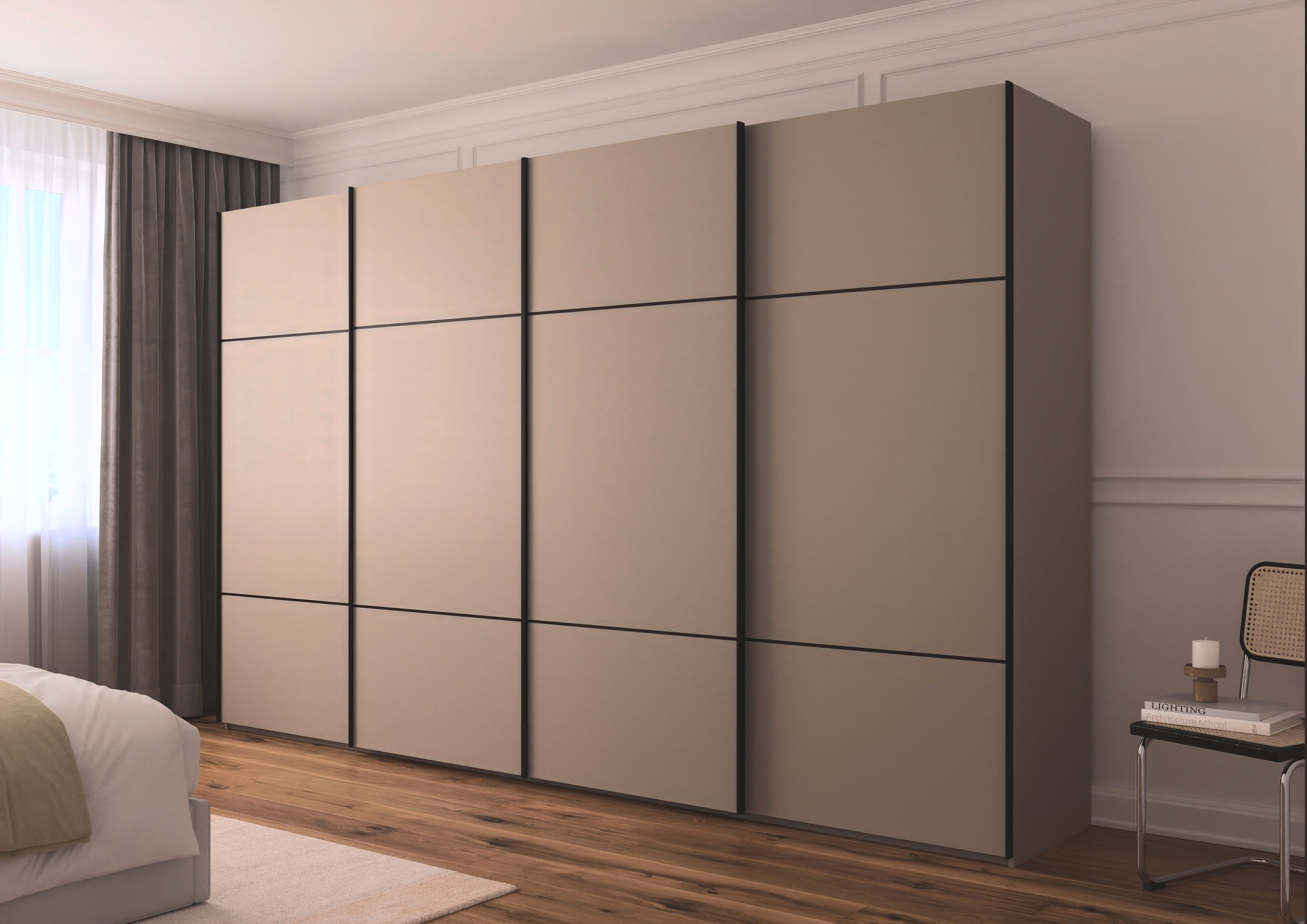 rauch Schwebetürenschrank »Kleiderschrank Schrank Garderobe Schlafzimmerschrank SCALE-TRIO«, edle dreigeteilte Front, 2 Zierleisten in Griff-Farbe MADE IN GERMANY