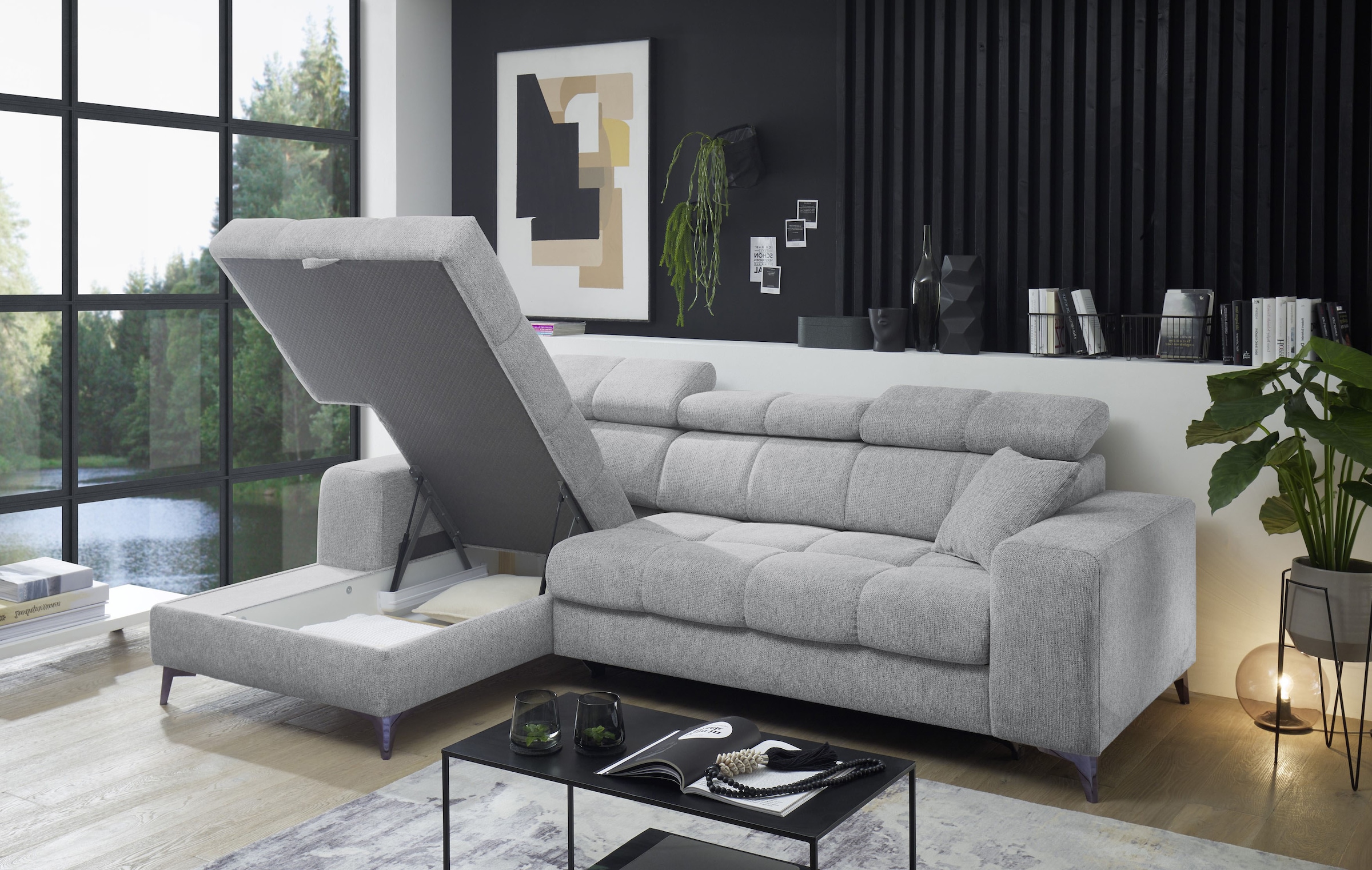 ED EXCITING DESIGN Ecksofa »Sydney L-Form mit Bettfunktion, Bettkasten, Kopfteilverstellung«, motorischer Sitztiefenverstellung, USB-Port & 2 Zierkissen