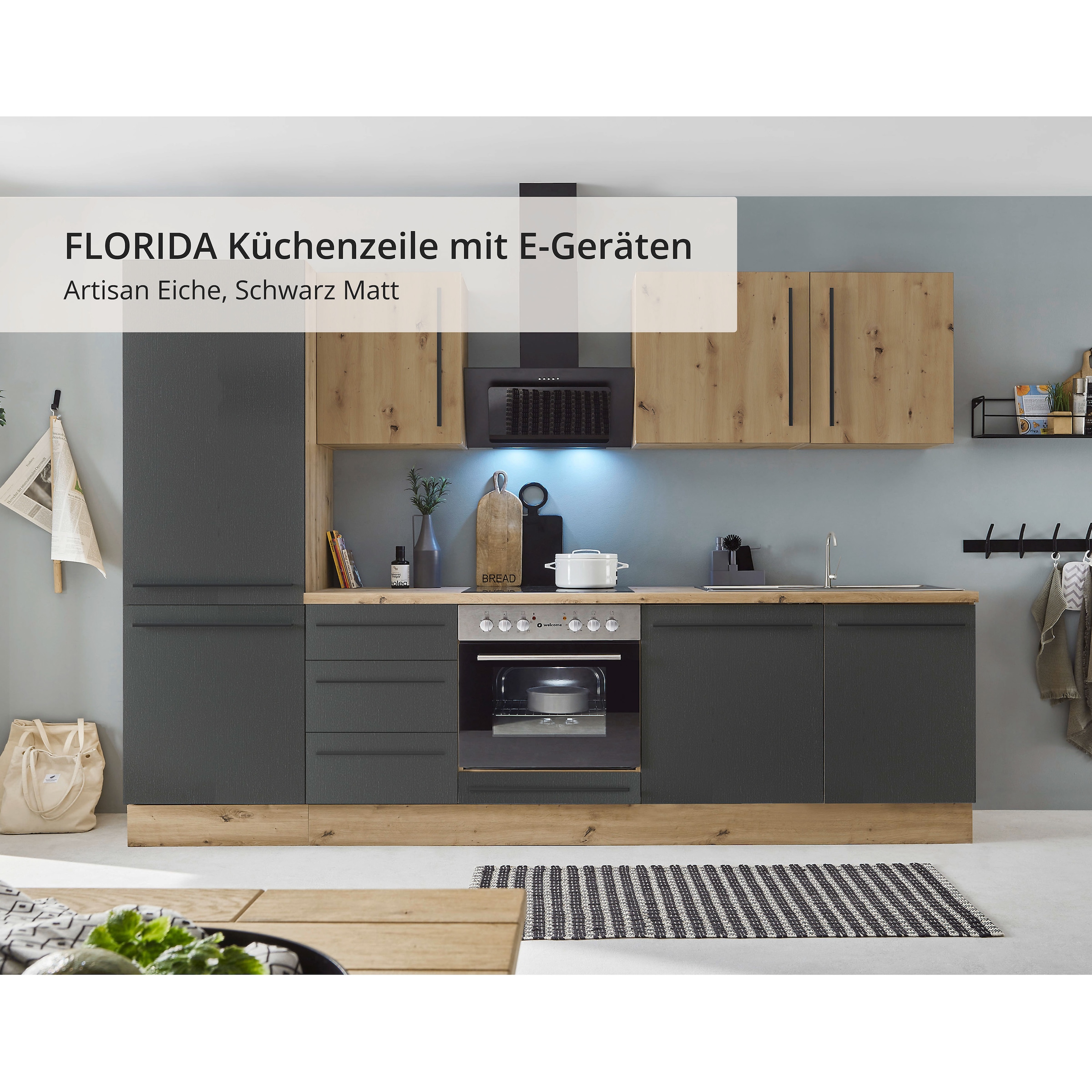KOCHSTATION Küchenzeile »KS-Florida mit 38mm starker Arbeitsplatte«, Breite 280 cm, wahlweise mit E-Geräten, Soft-Close-Funktion