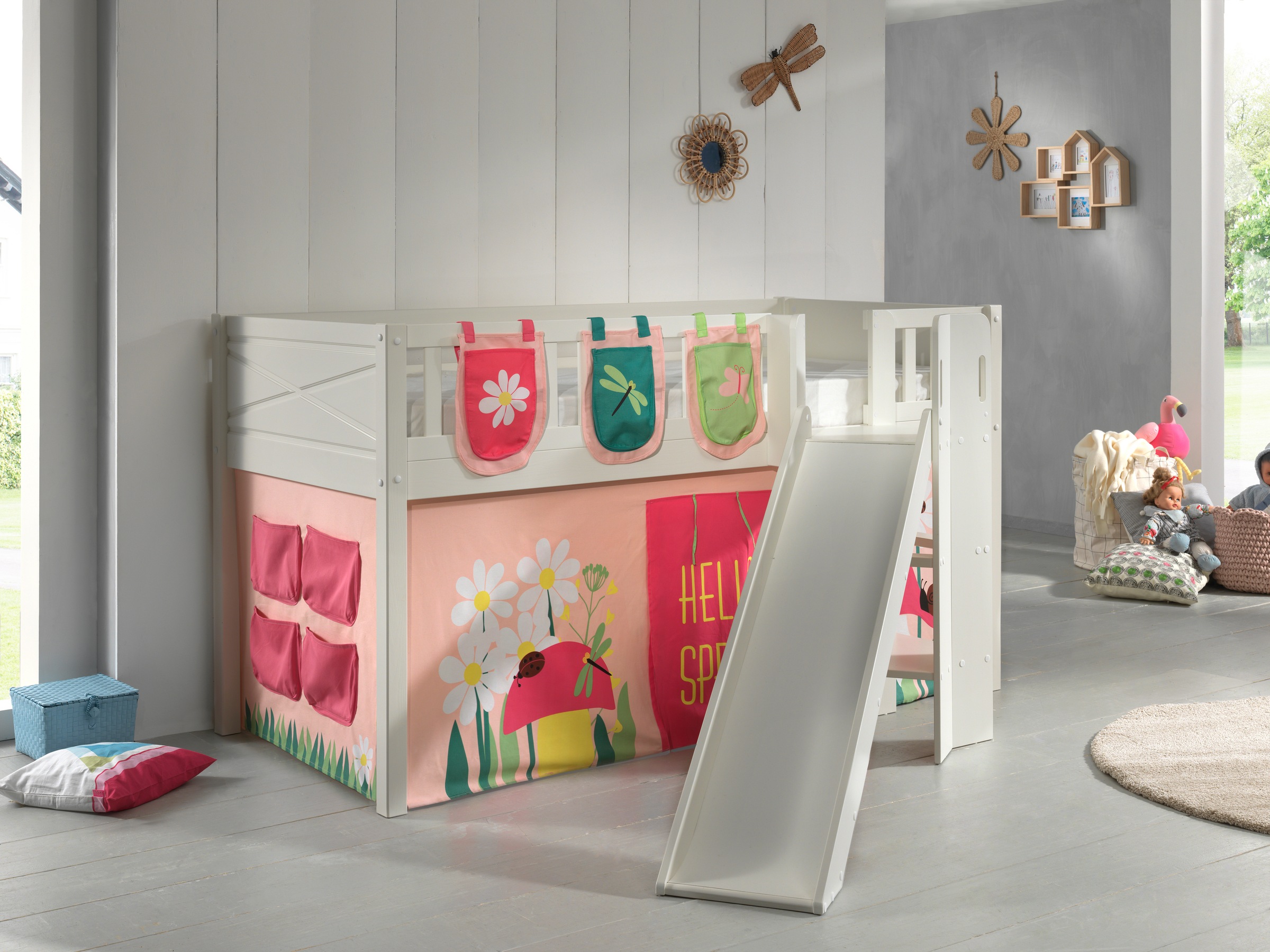 Vipack Hochbett »Scott«, (Made in Europe), m. Rutsch-/Leiterturm, LF 90x200 cm, Vorhang, Tasche, 4 Designs