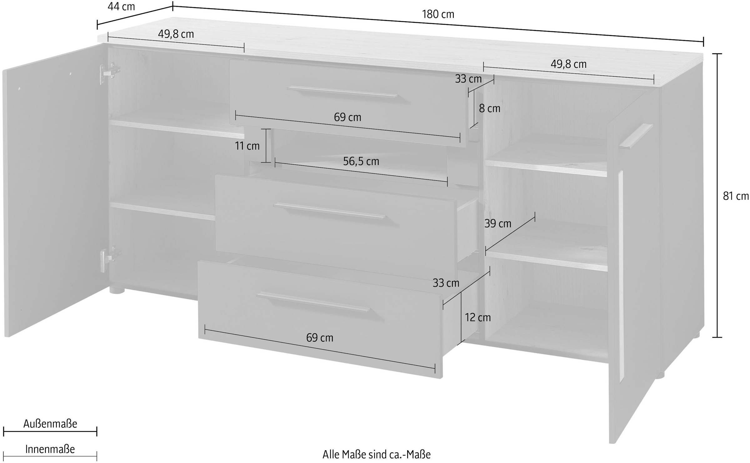 Innostyle Sideboard »Loft Two«, Breite 180 cm, 2 Holztüren, 3 Schubkästen, 1 offenes Fach