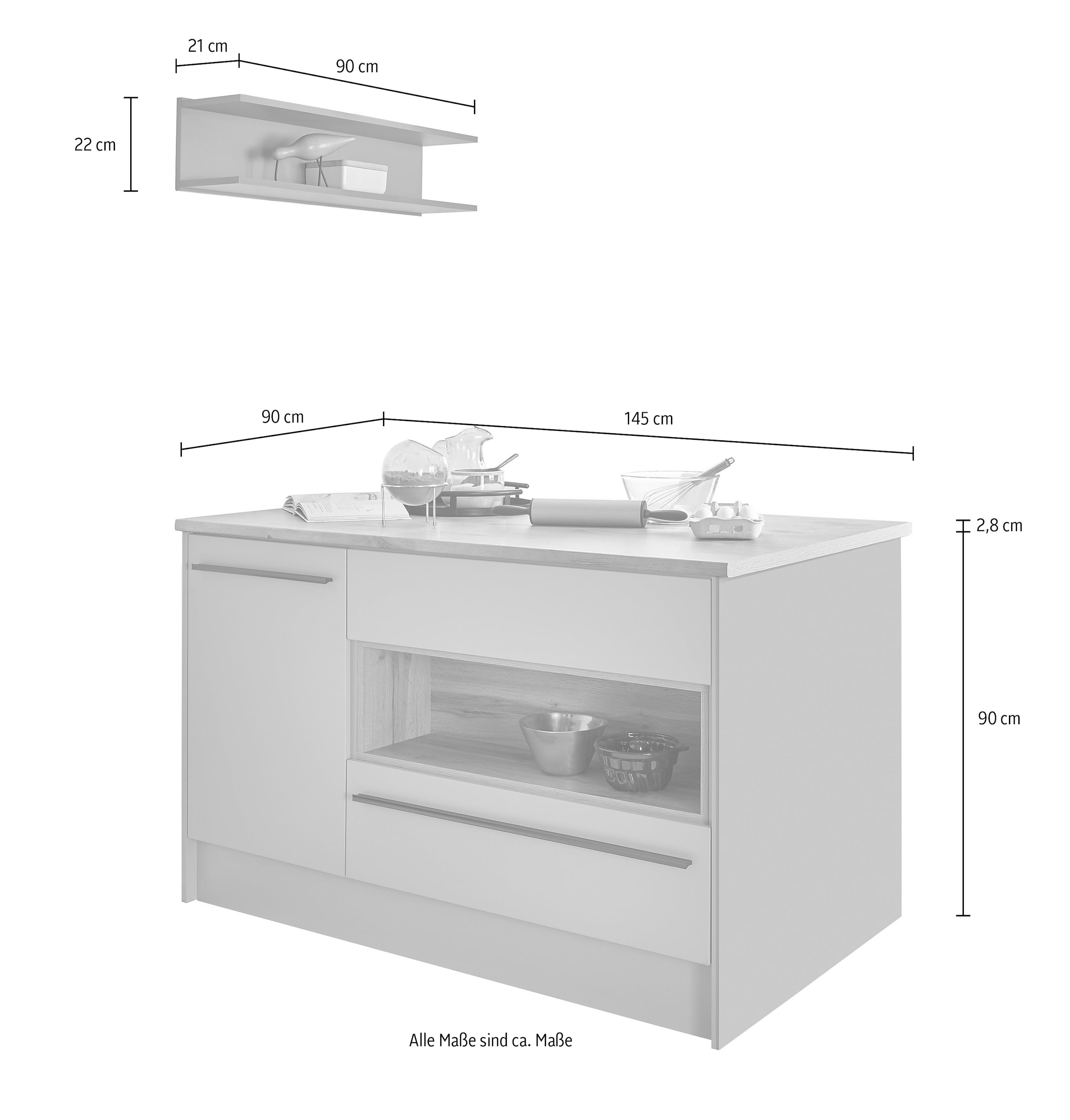 BASIC by Balculina Kücheninsel »Denver, Kochinsel + Küchenregal BxHxT 145 x 90 x 90/BxHxT 90x22x21«, Breite 145 cm, mit Tür, Schubkasten, Klappe und offenem Fach