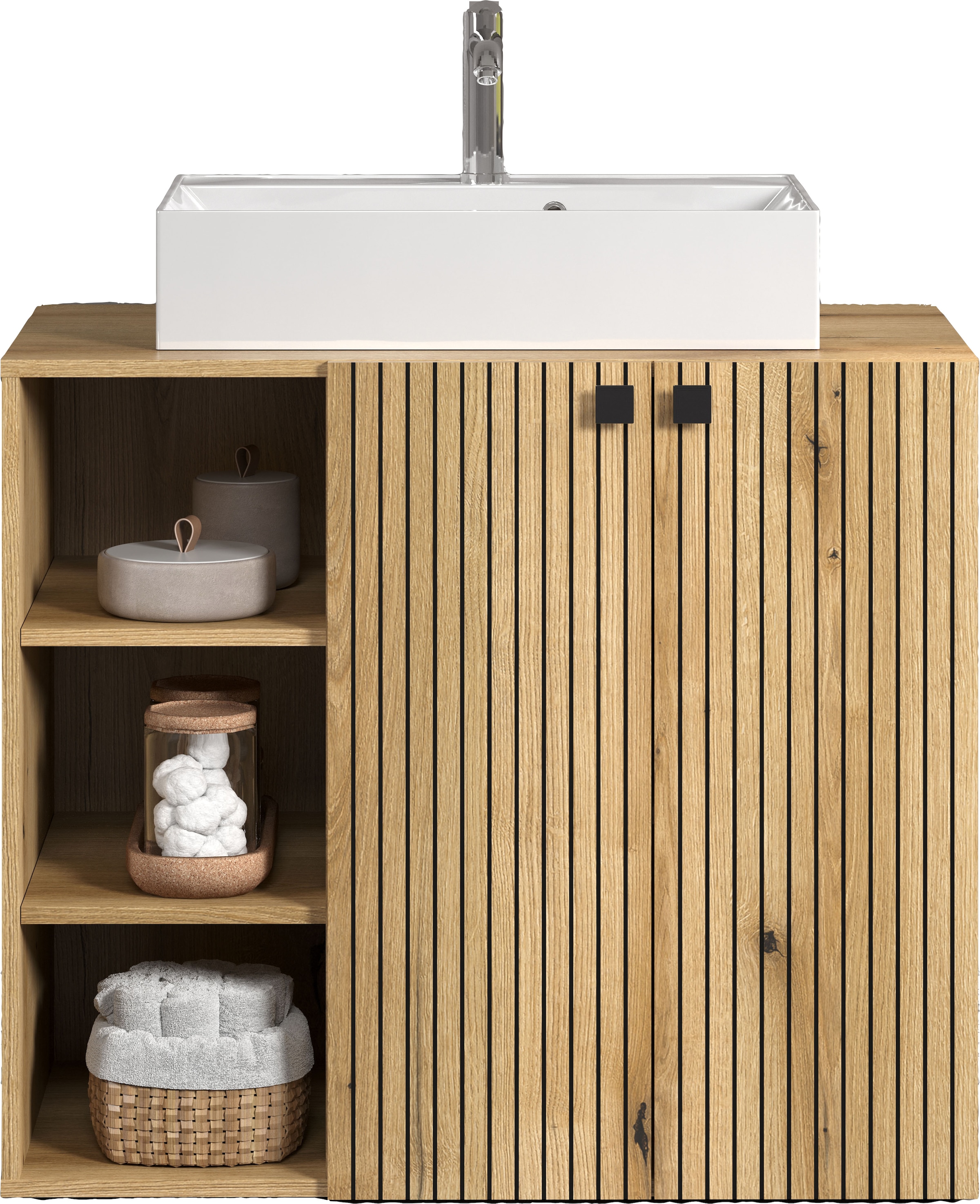 welltime Waschtisch »Amrum Waschbeckenunterschrank und Waschbecken«, Waschbeckenunterschrank mit Rillenoptik - Maße (B/T/H) 90/53/79 cm