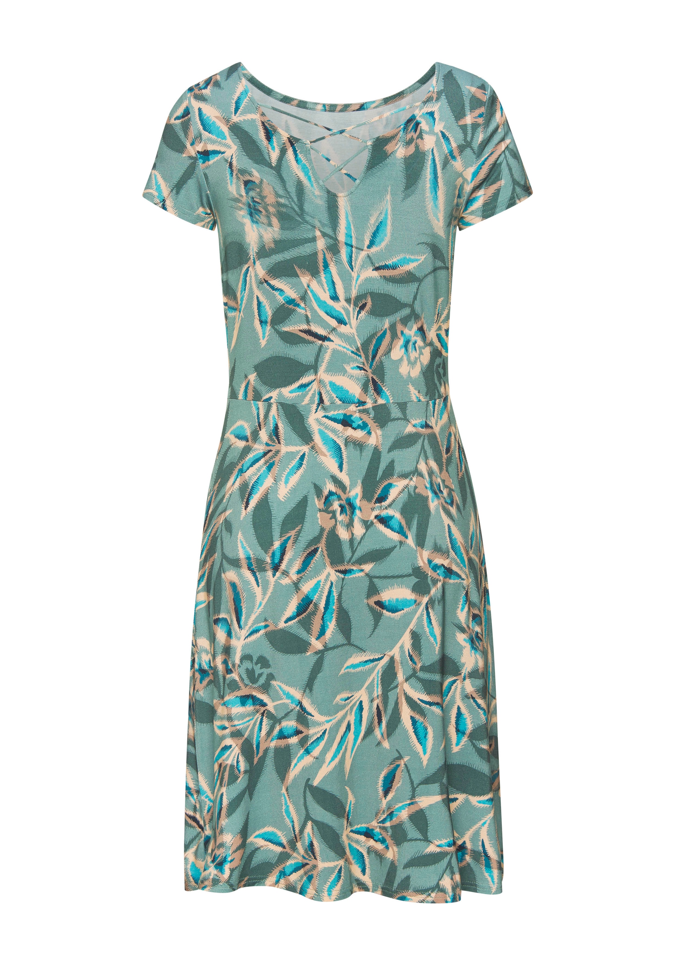 Vivance Sommerkleid mit Alloverdruck und Zierbändern am Ausschnitt, kurzes Strandkleid