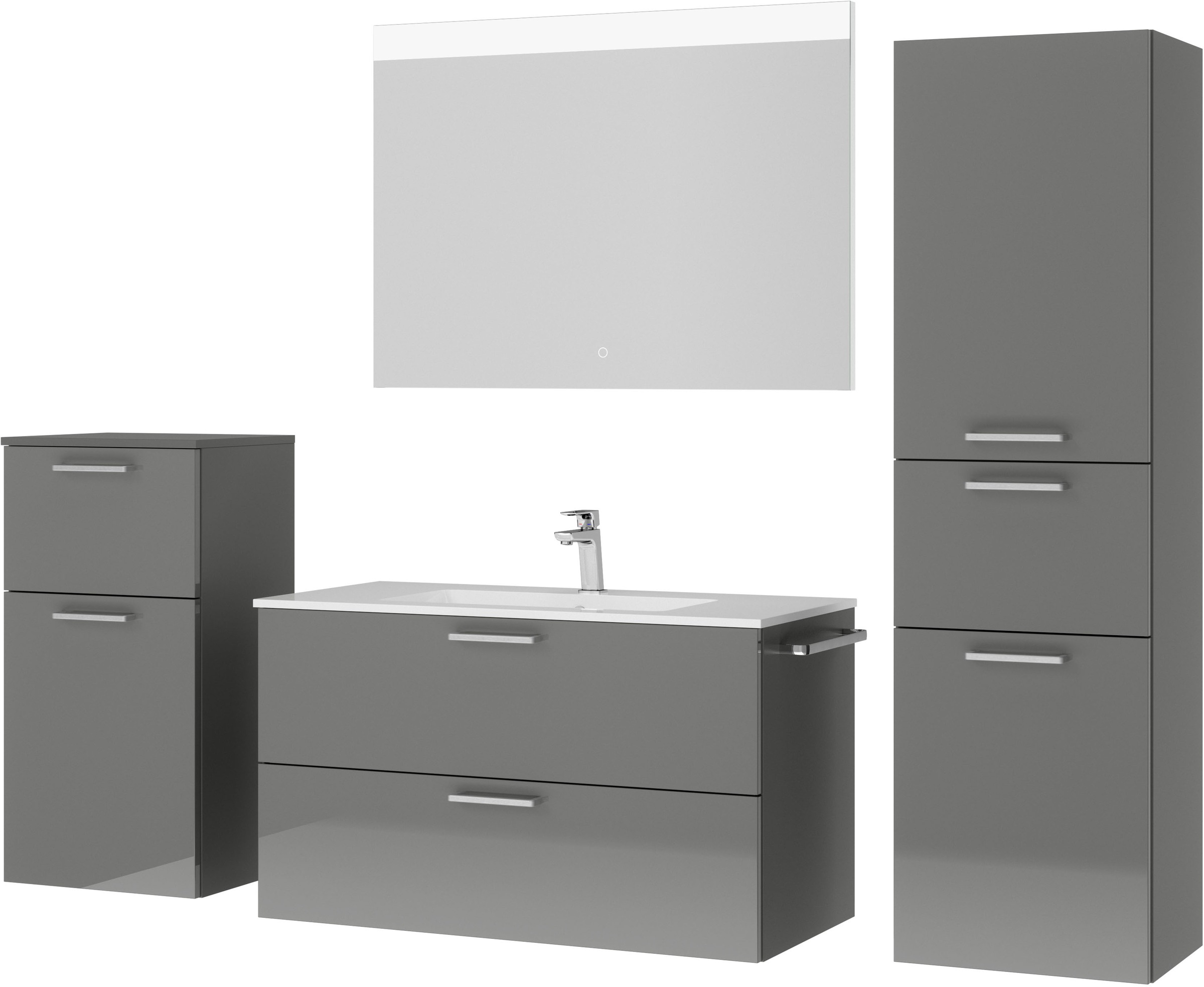 nobilia® Badmöbel-Set »Tolvina«, (4 St., vormontiert, mit Soft-Close), Hochglanz, inkl. Spiegel mit Touch-Sensor, in vier Breiten