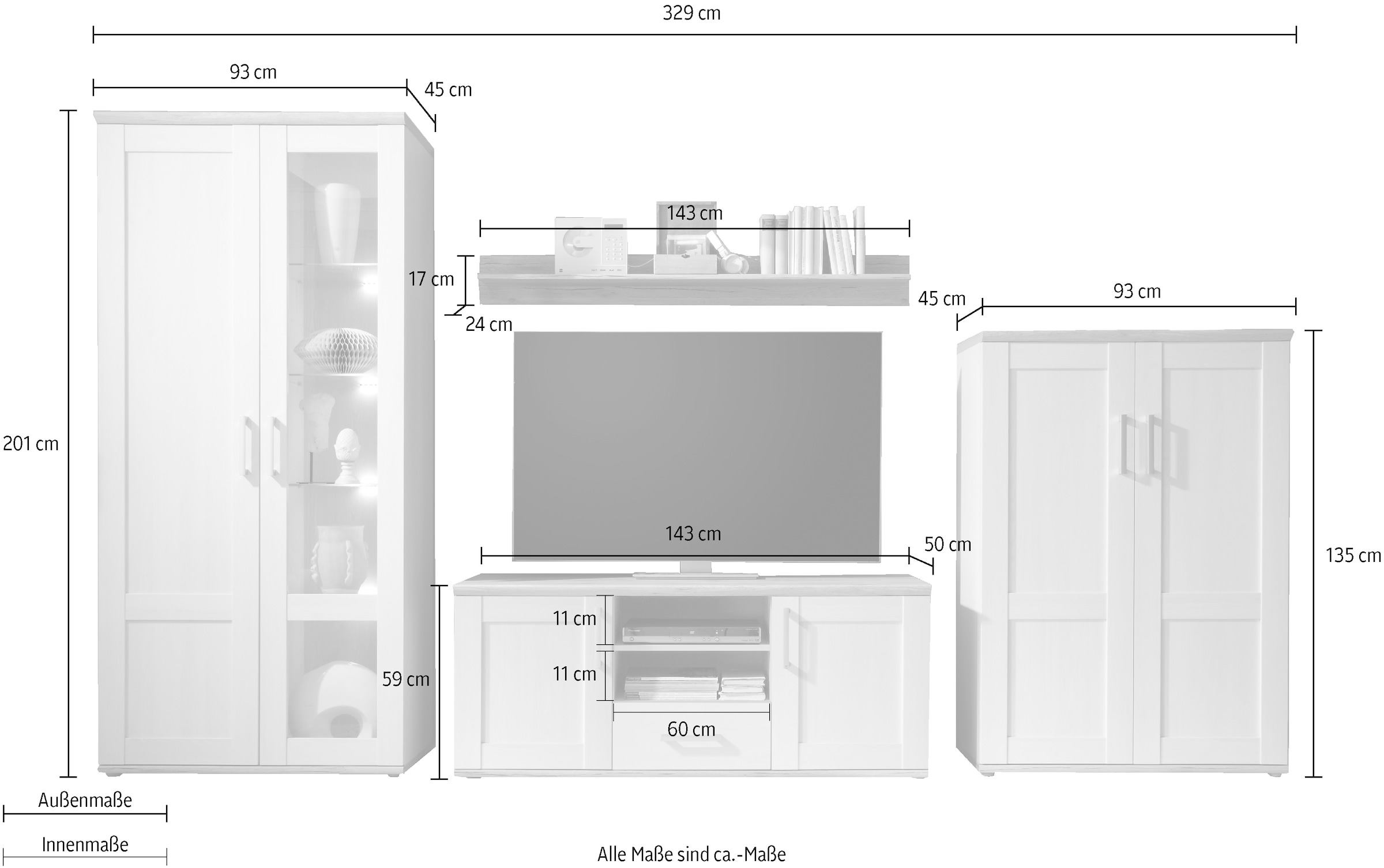 HBZ Wohnwand »Romance Landhaustil inkl. LED-Beleuchtung,BxHxT 329x200x50 cm«, (Set, 4 St.), Mit Vitrine inkl.LED-Beleuchtung, Lowboard, Wandboard, Highboard