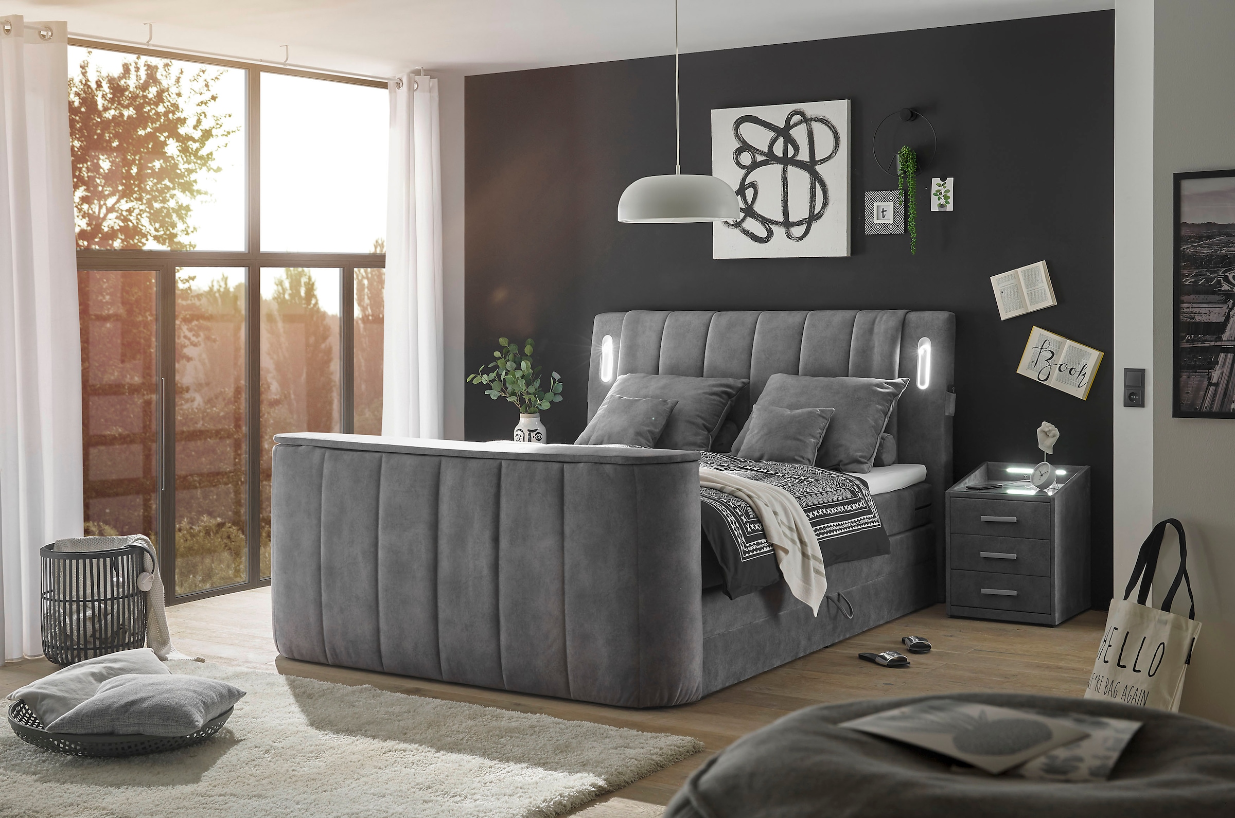 ED EXCITING DESIGN Boxspringbett »Dallas«,  inkl. Topper, LED-Beleuchtung, TV Halterung (bis 40 Zoll) und 2 Bettkästen