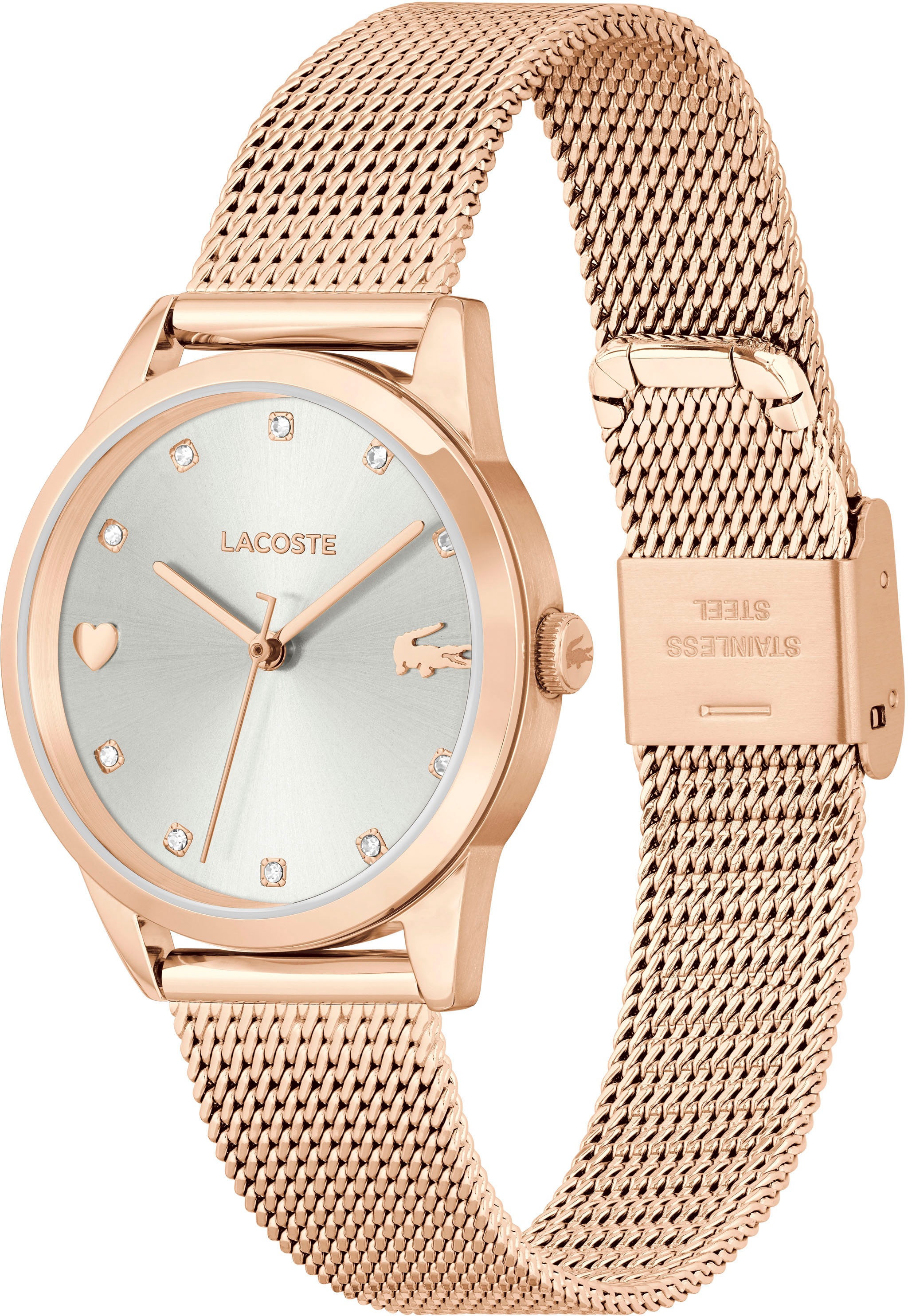 Lacoste Quarzuhr »STARGAZE«, Armbanduhr, Damenuhr, Glaskristalle, Edelstahlarmband, Herz