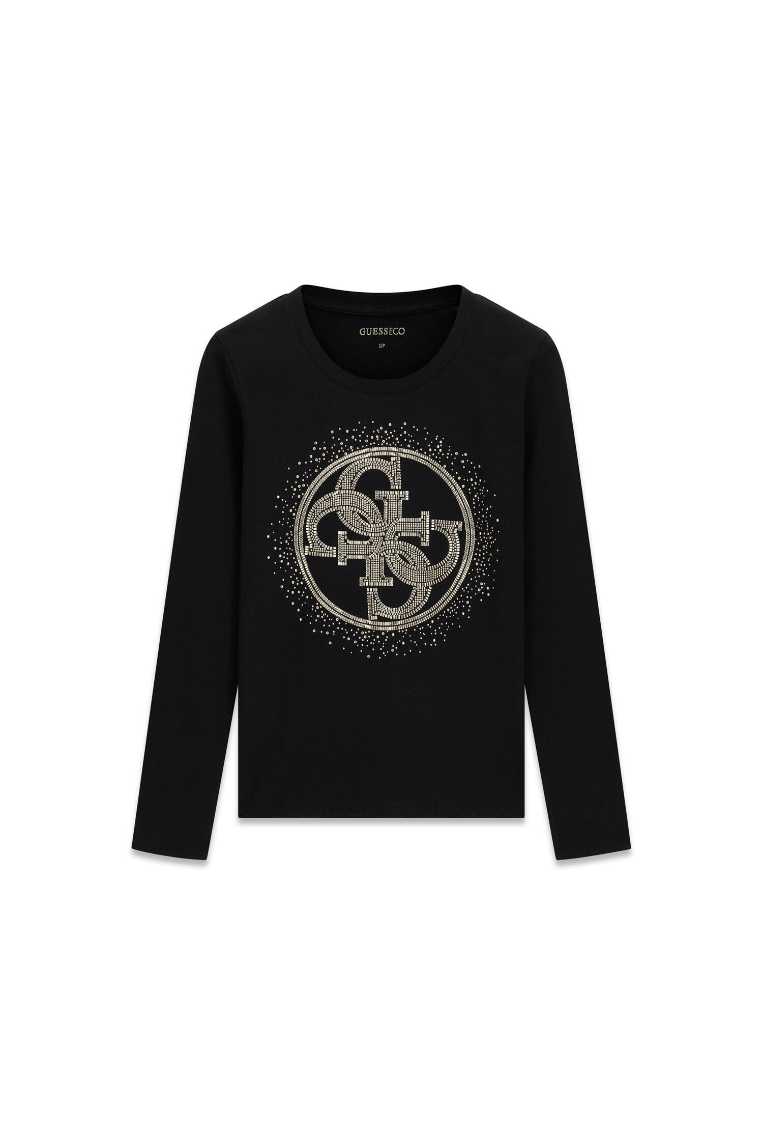 Guess Langarmshirt »LS CN 4G ROUND CRYSTALS LOGO« mit Nietenbesatz, Slim Fit