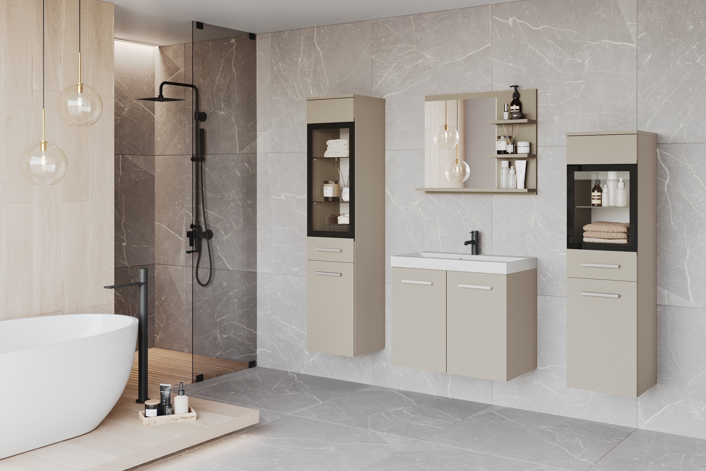 welltime Badmöbel-Set »MADRIT«, (Komplett-Set, 5 St., mit Waschbecken), Waschtisch inkl. Waschbecken, Badschrank, Hochschrank, Spiegel