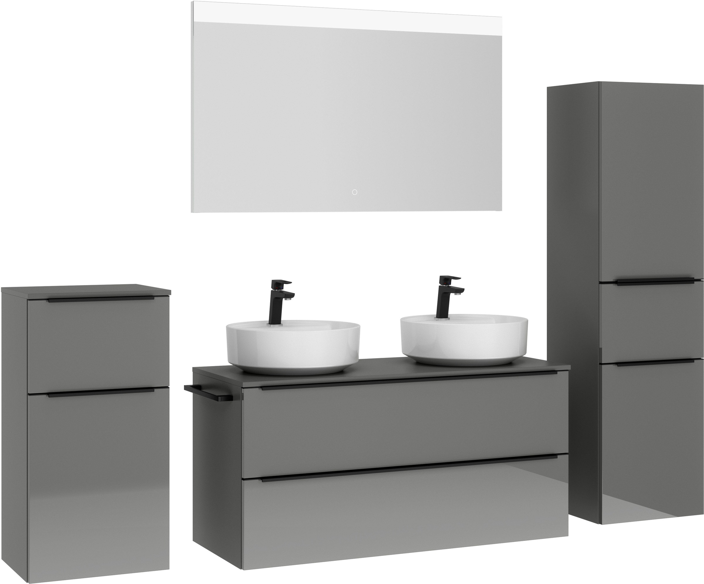 nobilia® Badmöbel-Set »Alvene«, (4 St., vormontiert, mit Soft-Close), Hochglanz, inkl. Spiegel mit Touch-Sensor, in vier Breiten