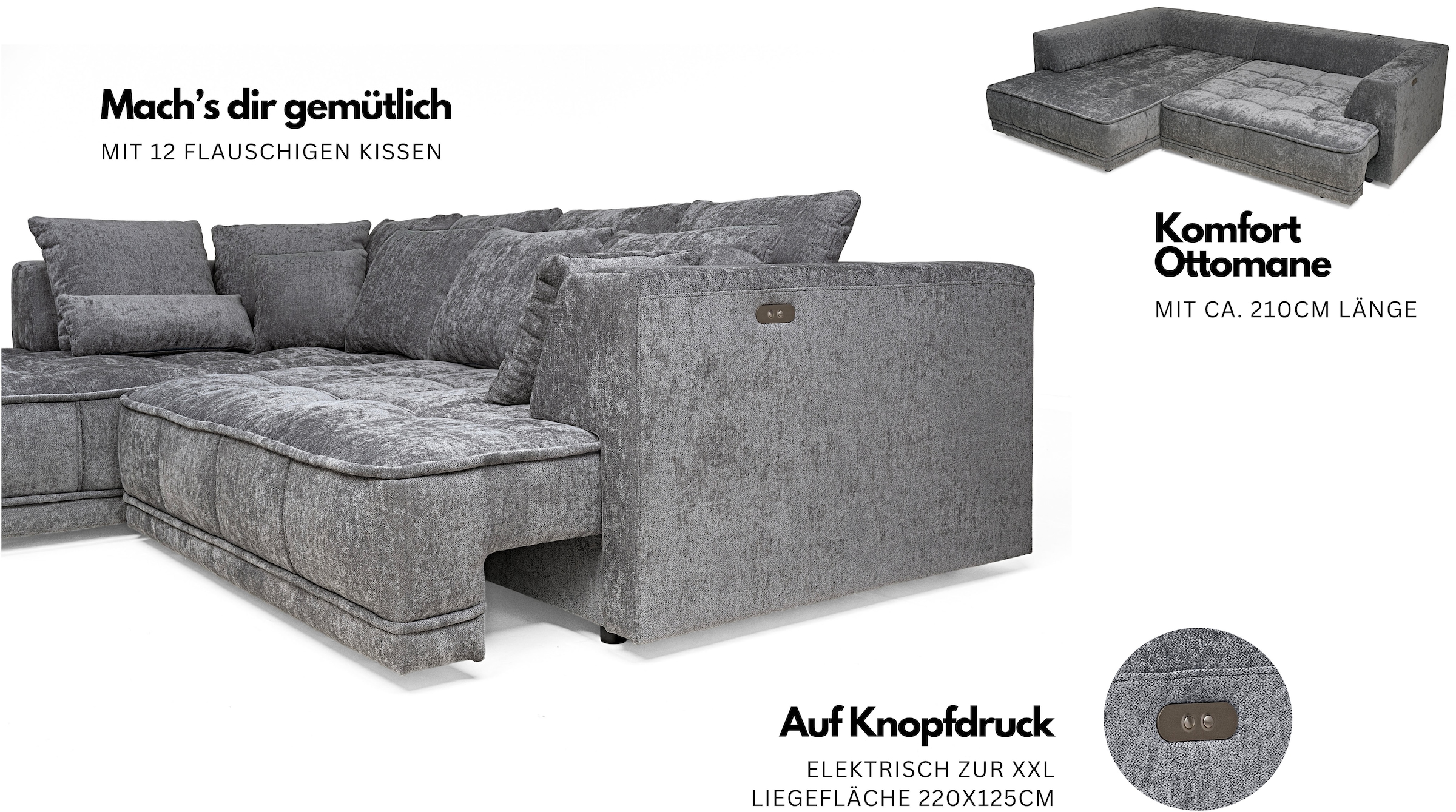 WERK2 Ecksofa »Tiga 207 x 286 cm modern & bequem, elektrisch verstellbare Sitztiefe« Struktur weich, L-Form, elektrische Sitztiefenverstellung