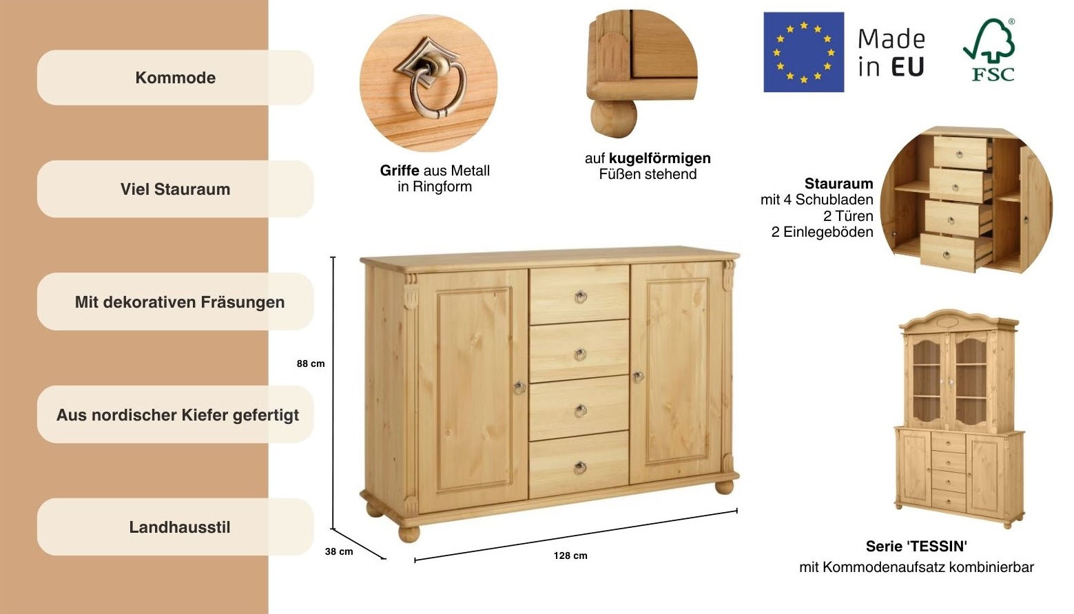 Home affaire Kombikommode »Tessin; Buffetunterschrank, klassischer Landhausstil«, aus massiver, FSC®-zertifizierter Kiefer, 128cm breit