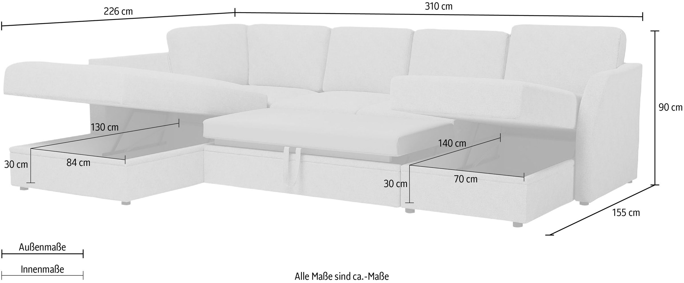 Home affaire Wohnlandschaft »Lavars Schlafsofa«, mit Bettfunktion und Stauraum, in zwei verschiedenen Bezugsqualitäten