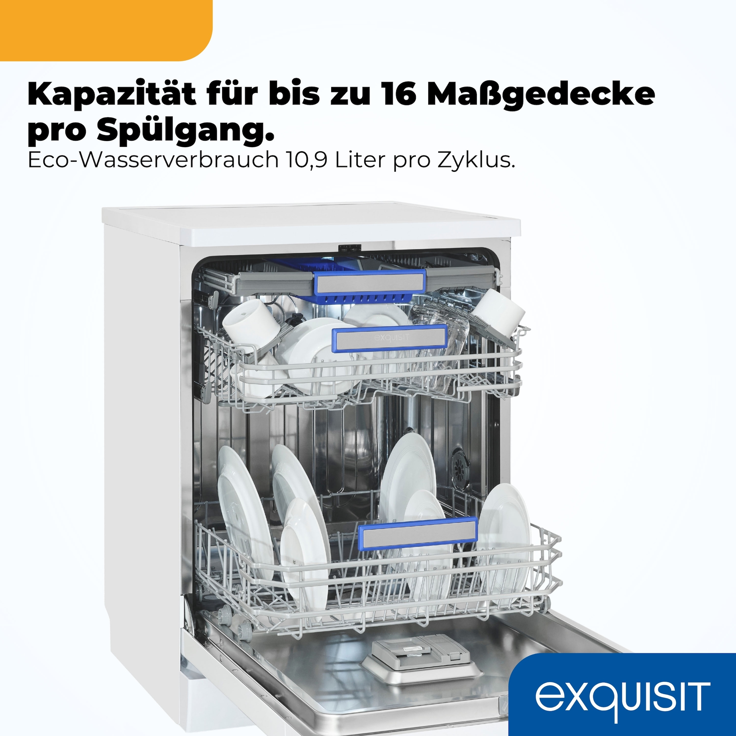 exquisit Standgeschirrspüler 9616 »GSP9616-450B weiss« 10,9 l 16 tlg. Maßgedecke 16 Maßgedecke & flüsterleise 44 dB – stark und angenehm ruhig