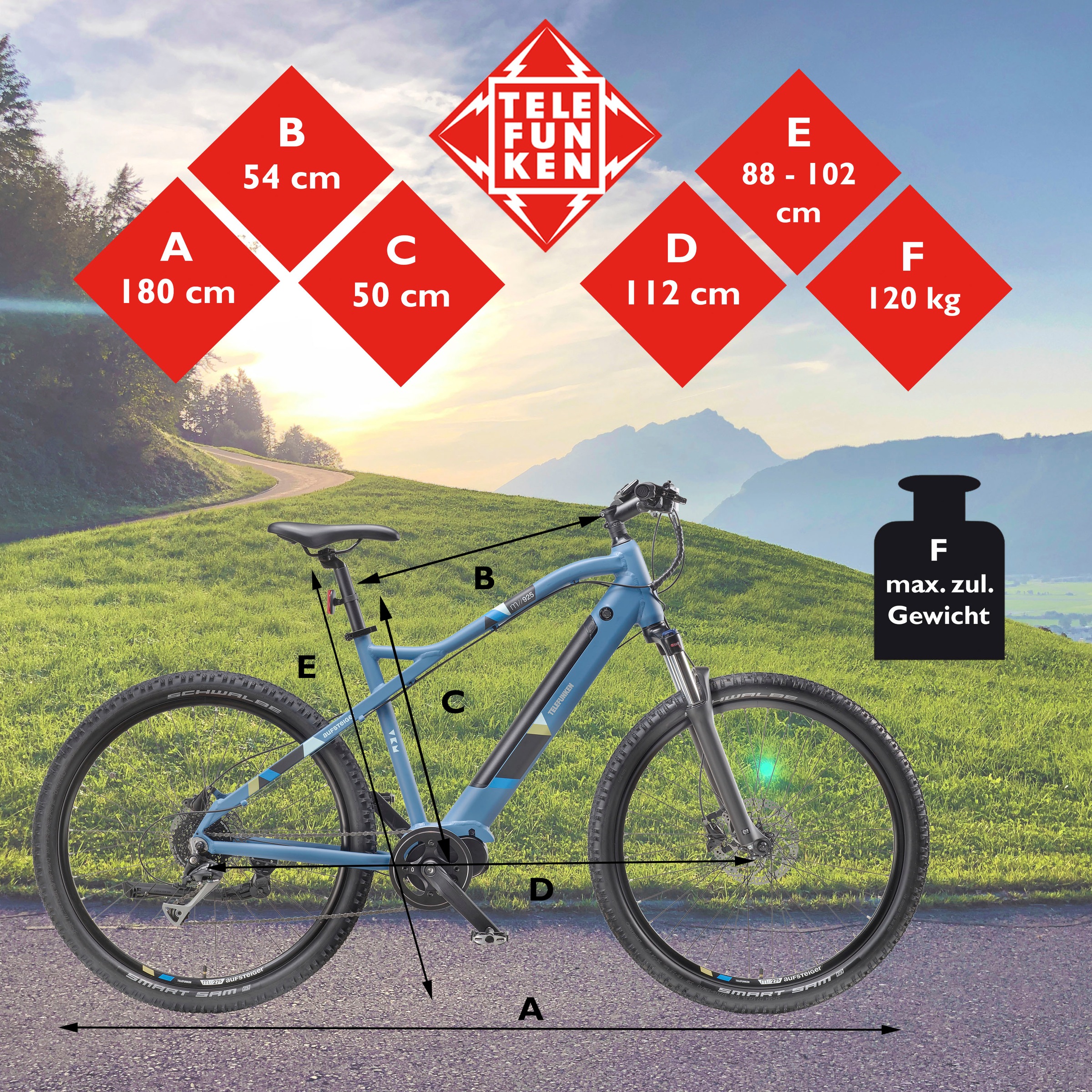 Telefunken E-Bike »Aufsteiger M925«, 8 Gang, Shimano, Acera, Mittelmotor 250 W, Pedelec, Elektrofahrrad für Damen u. Herren, MTB