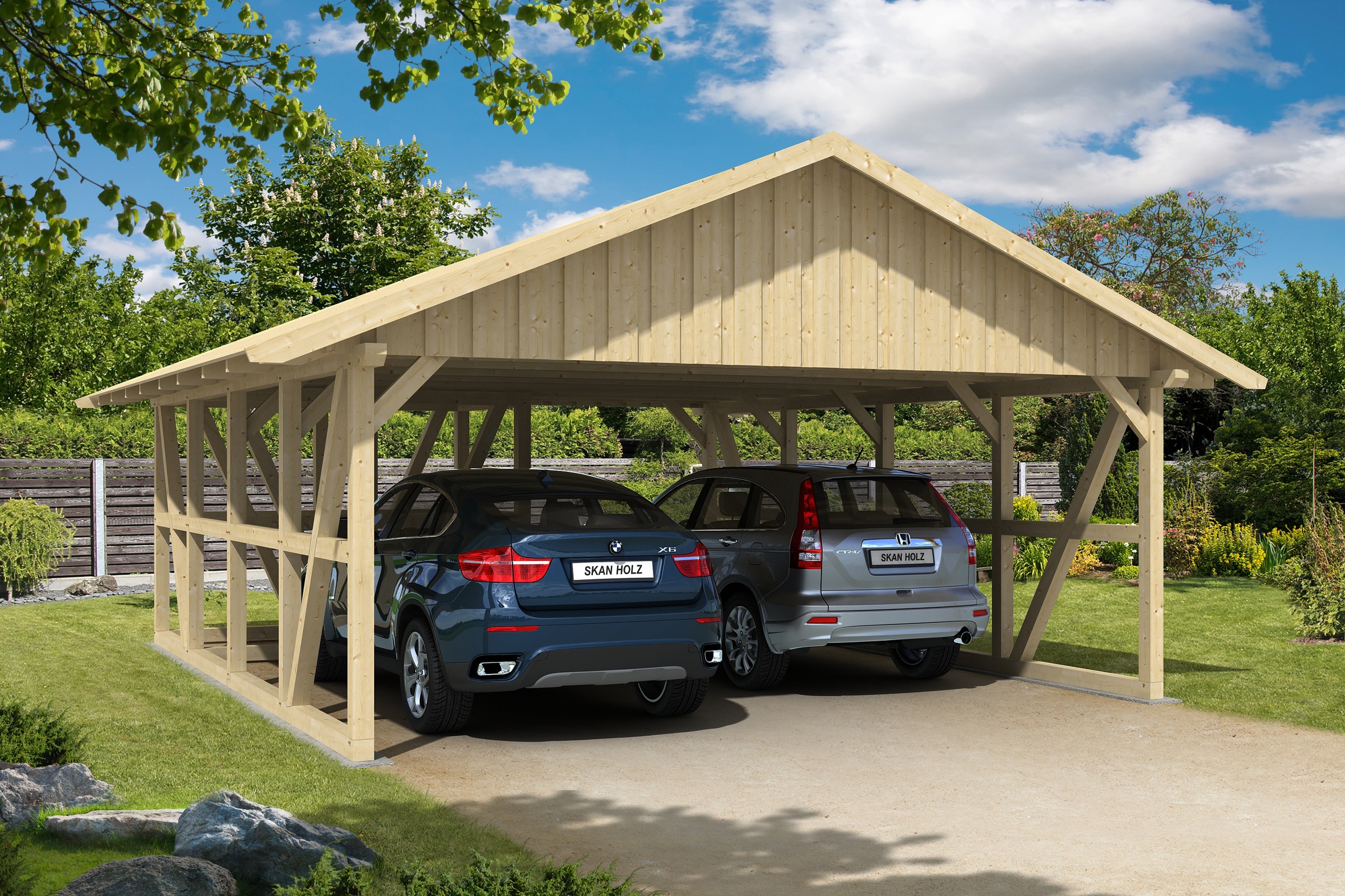 Skanholz Doppelcarport »Schwarzwald«, KVH-Fichte, 560 cm, Natur, mit Abstellraum 1, mit Dachschalung