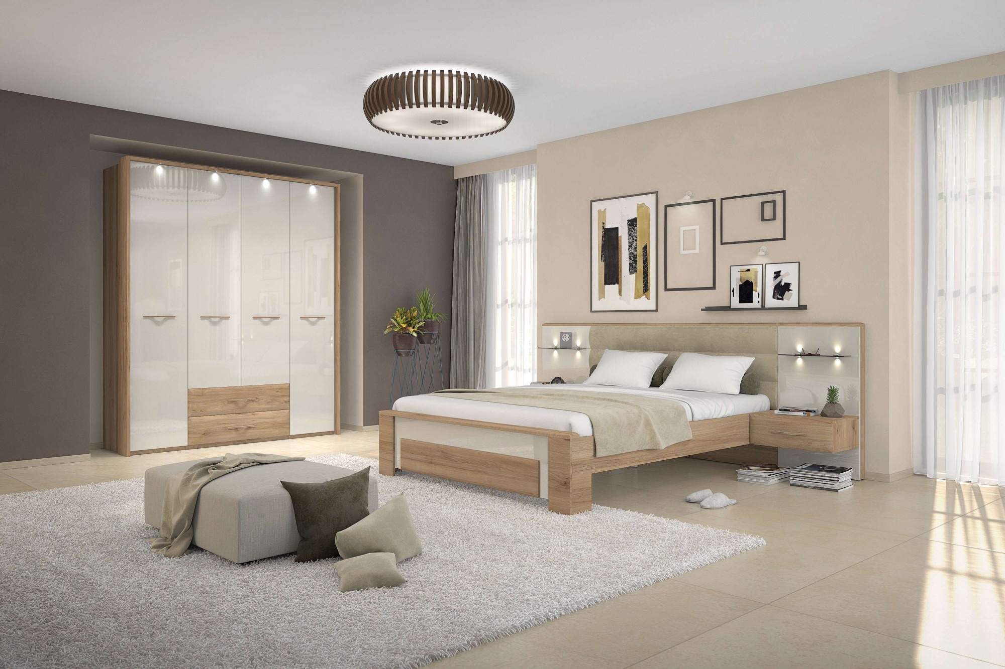 Home affaire Kleiderschrank »Gala, beige hochglänzend UV lackiert, kratzfest, FSC-zertifiziert«, (abgerundete Schubladen aus MDF im Holzdekor, soft-close), mit Beleuchtung und Passpartourahmen, hoher Schrank (224cm), 4 Breiten