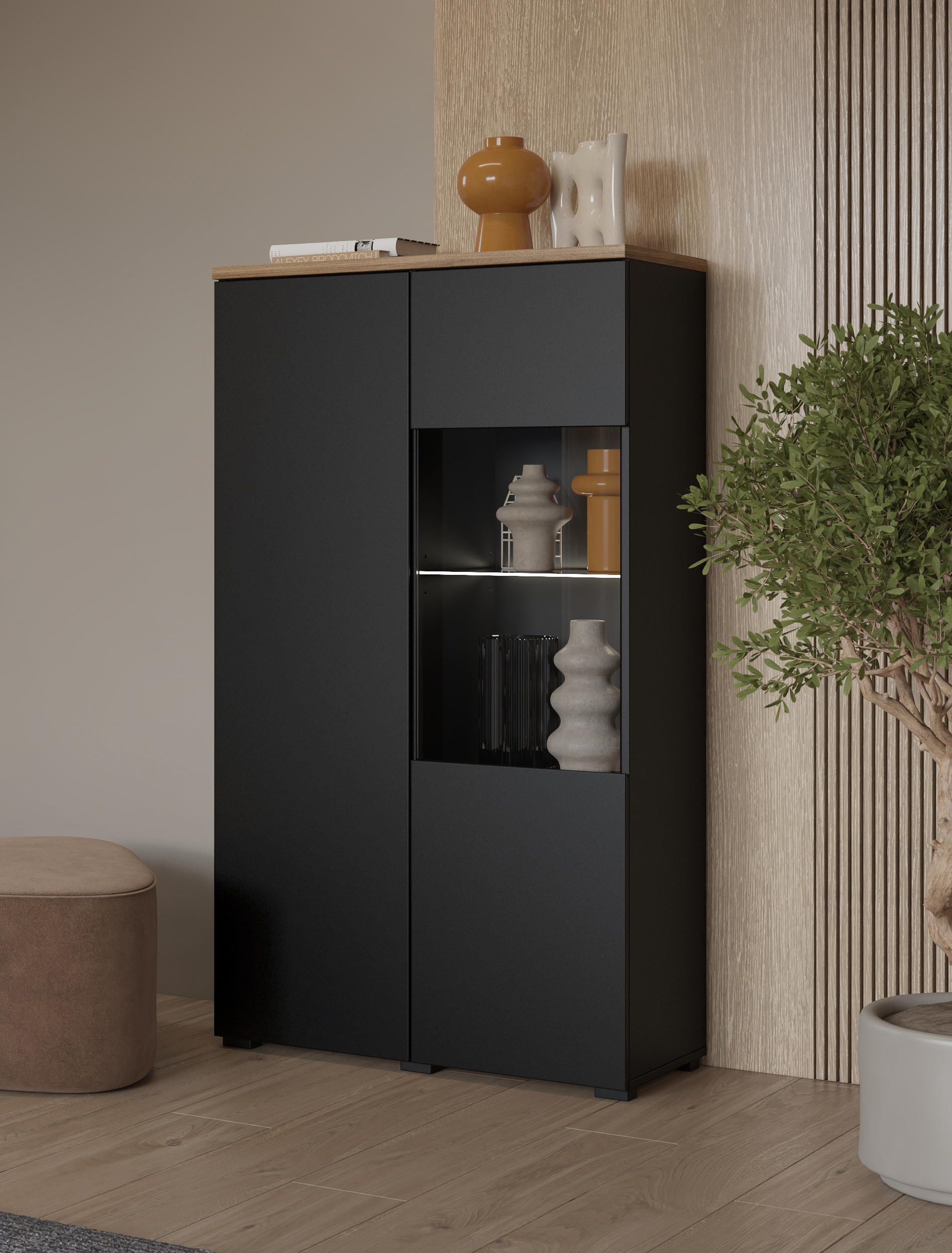 OTTO home Vitrine »Modo, Breite 80 cm, moderner griffloser Vitrineschrank« Vitrine mit viel Stauraum, Einlegeböden verstellbar, Glastür